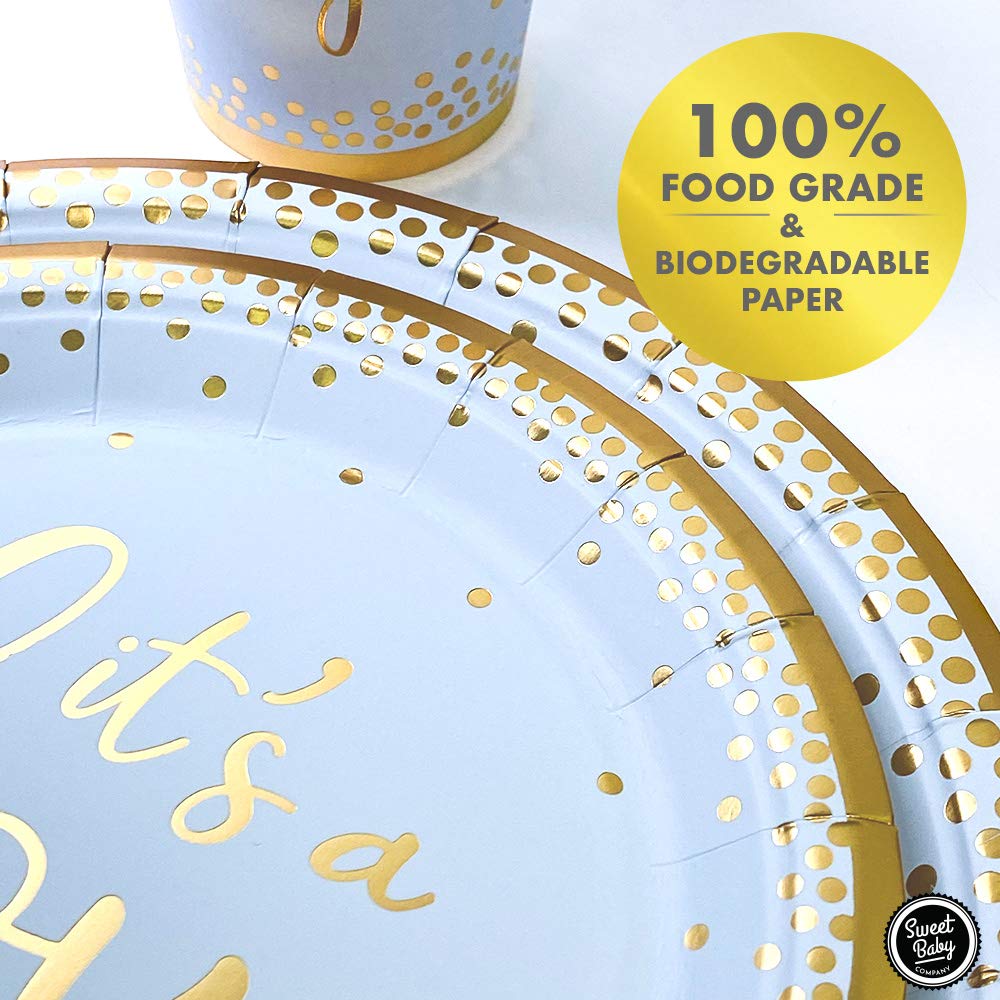 Sweet Baby Co. Oh Baby Boy Shower Party Supplies Set - 24-Pack Light Blue & Gold Its a Boy Paper Plates, Napkins, Cups - Gender Reveal & Baby Shower Tableware Decorations for Birthday Celebrations - Perfect for Baby Showers, Gender Reveal Parties & Newborn Celebrations