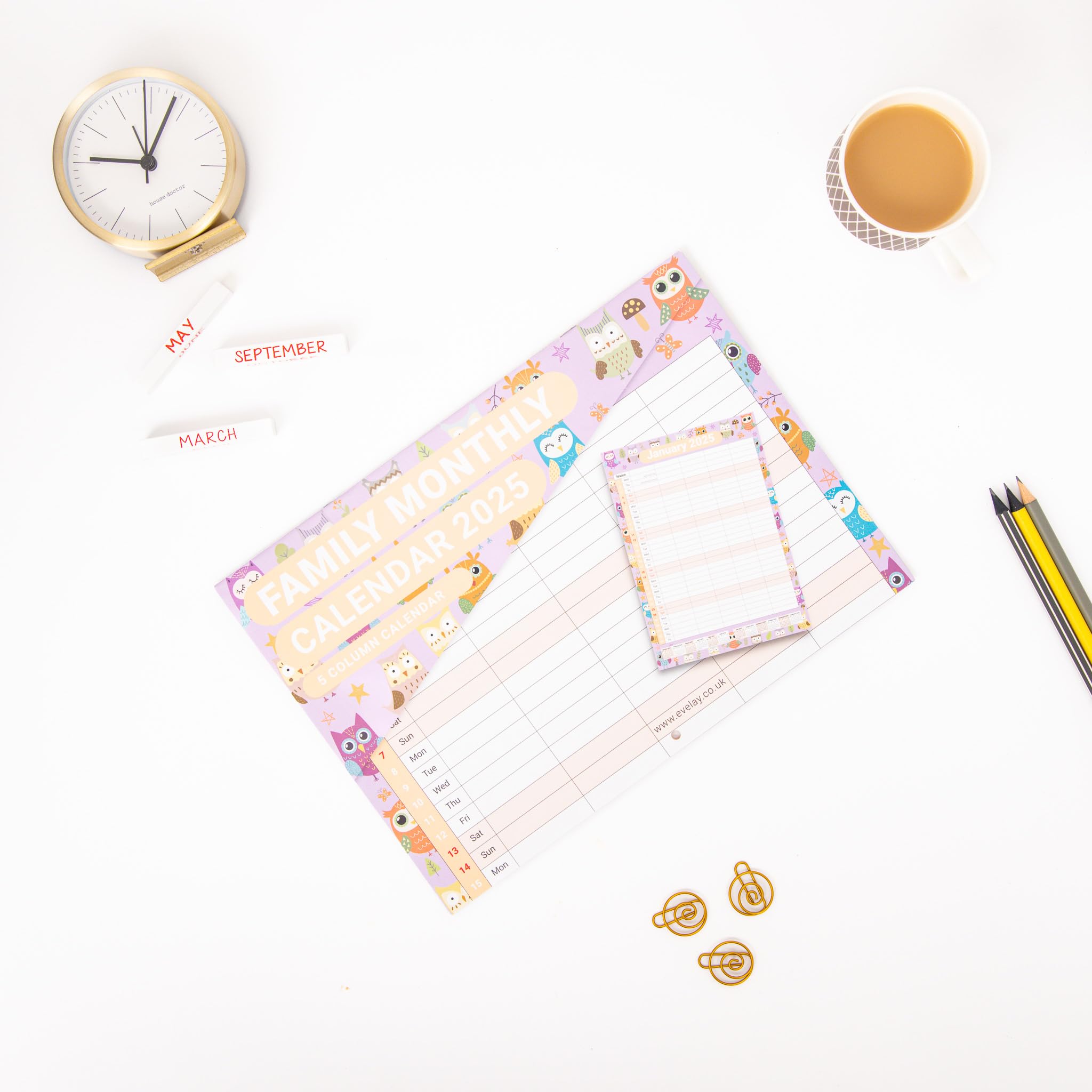 Evelay Family Calendar 2025 - 5-Column Monthly Wall Planner (Owl Design) | A3 Hanging Organizer for Home, Office & School | Perfect for Family Scheduling, Meal Planning & Event Tracking