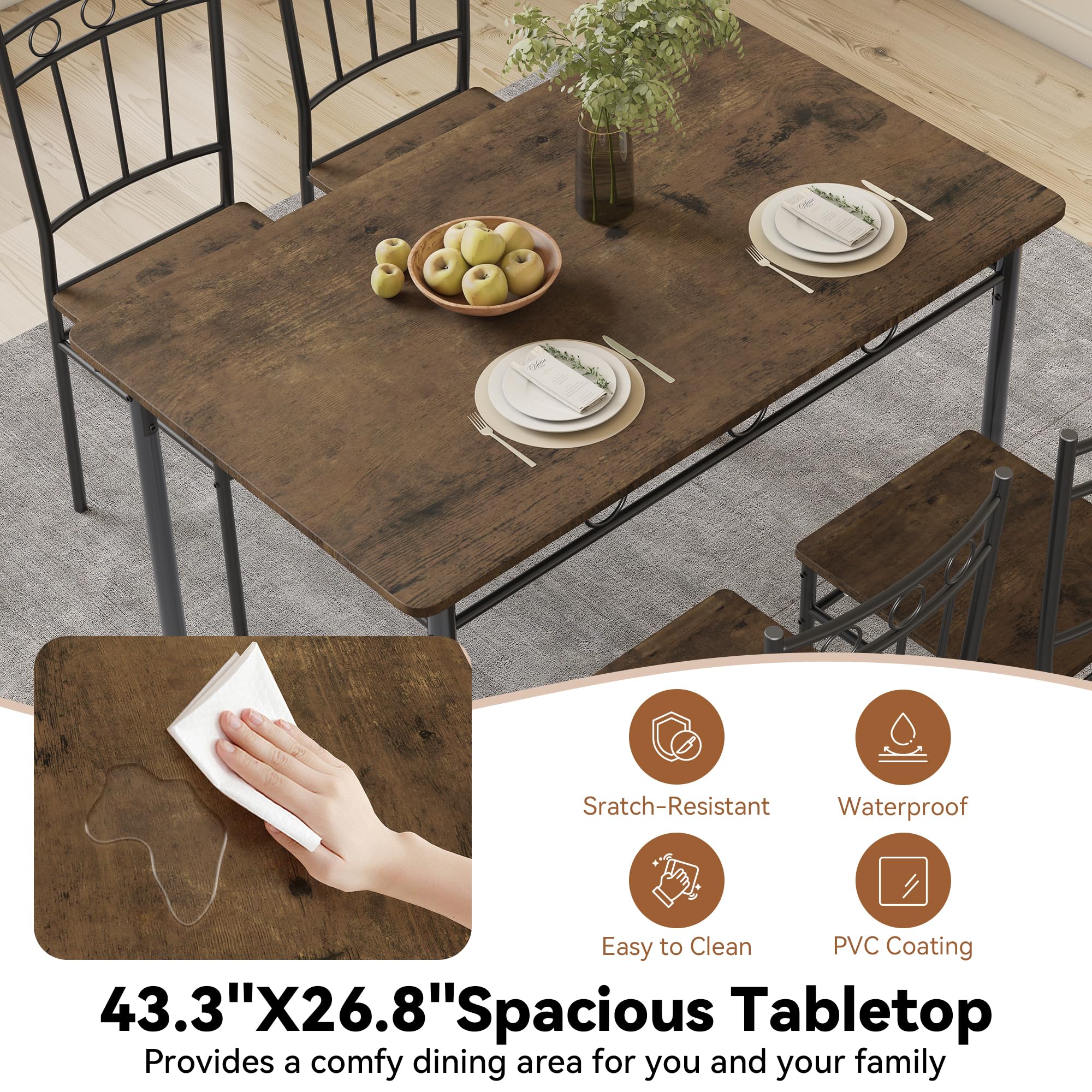 5-Piece Retro Brown Dining Table Set for 4 - Space-Saving Rectangular Kitchen Table with 4 Chairs - Perfect for Small Spaces, Apartments & Dinettes - Ideal for Family Meals, Breakfast Nooks & Cozy Dining Areas