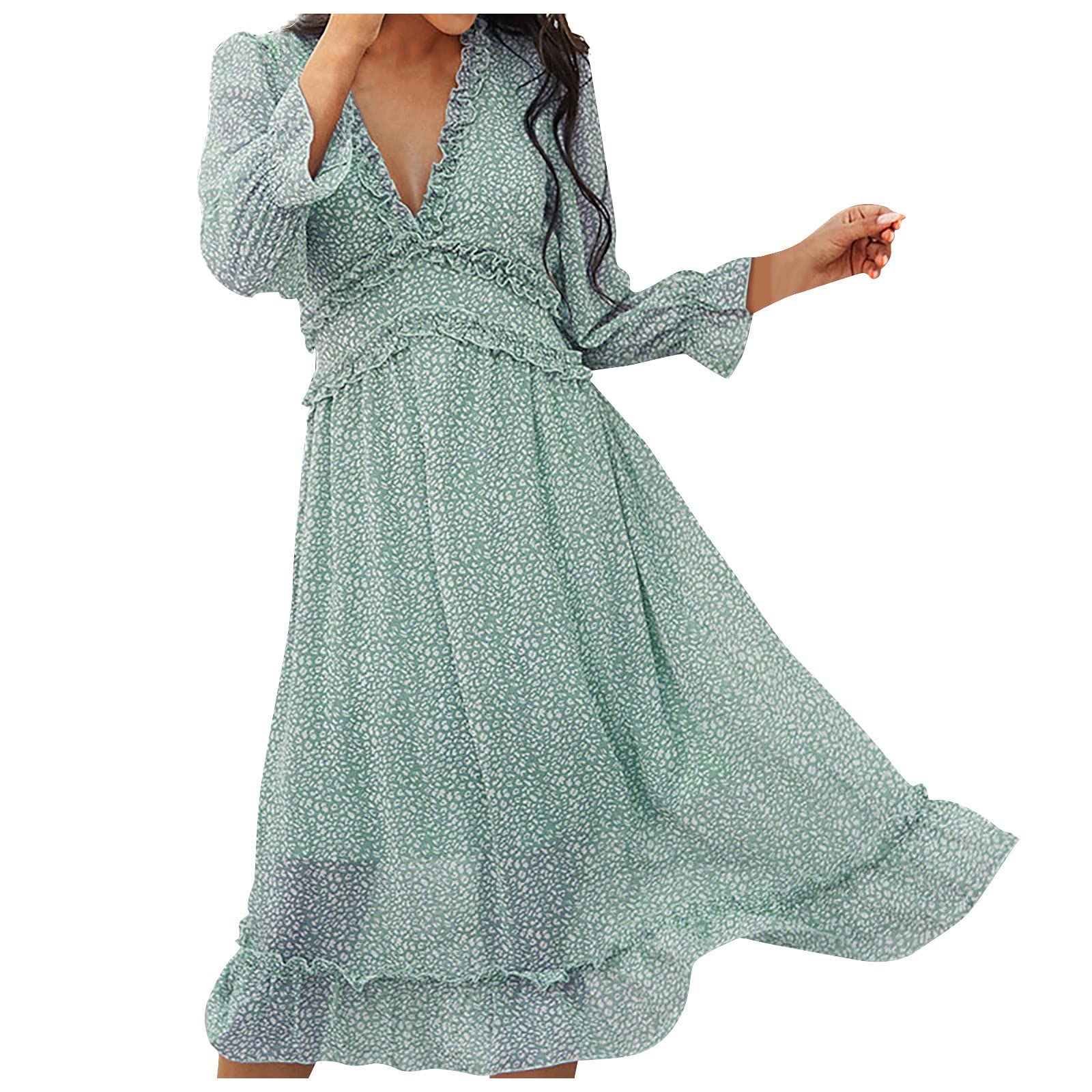 Breathable Women's V-Neck Floral Chiffon Midi Dress - Casual Full Sleeve Slimming Summer Travel Dress for Beach, Vacation & Everyday Wear