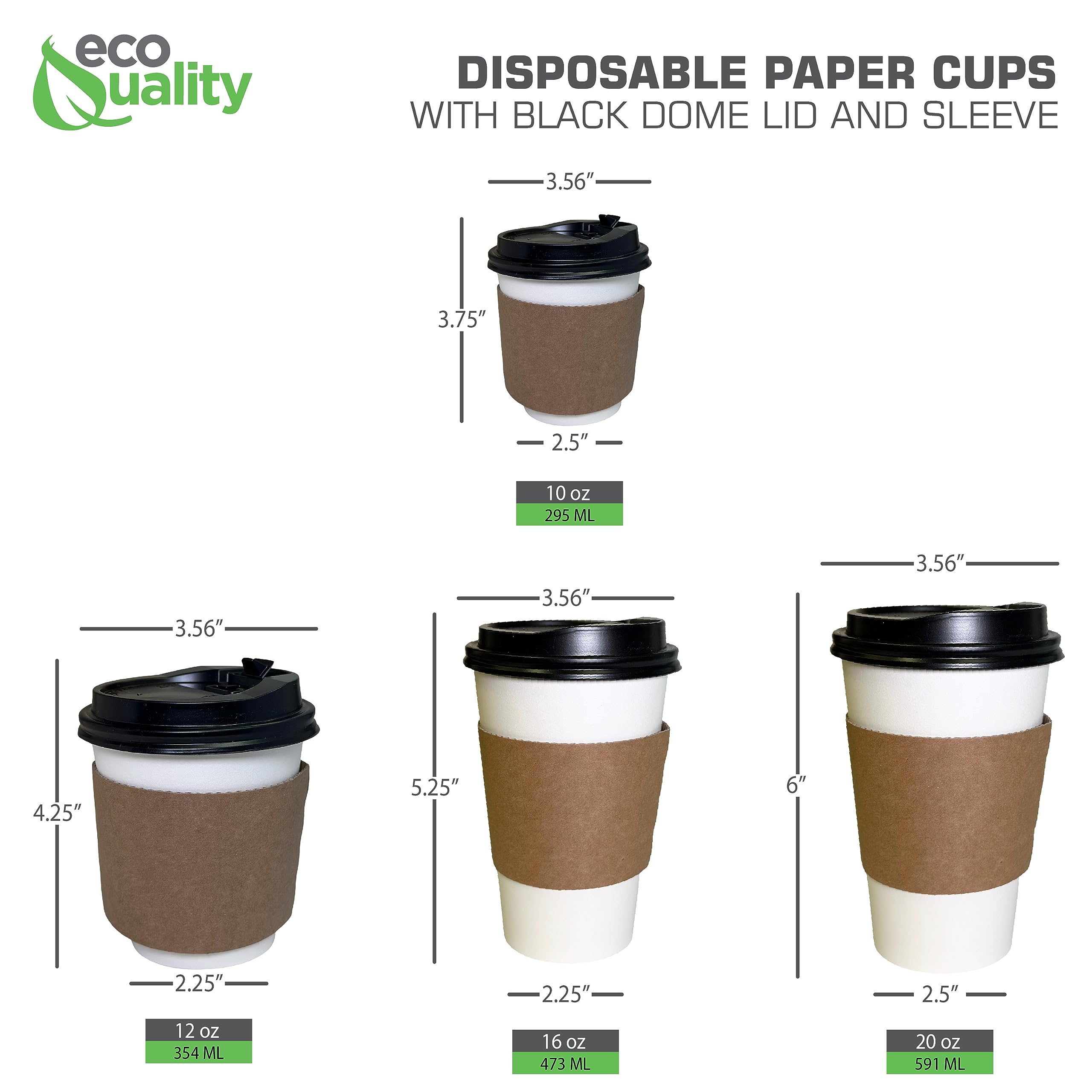 EcoQuality 16 oz Disposable White Paper Coffee Cups with Black Dome Lids & Corrugated Sleeves - 1000 Pack for Hot/Cold Beverages, Ideal for Coffee Shops, Offices, Travel, Picnics, and Events