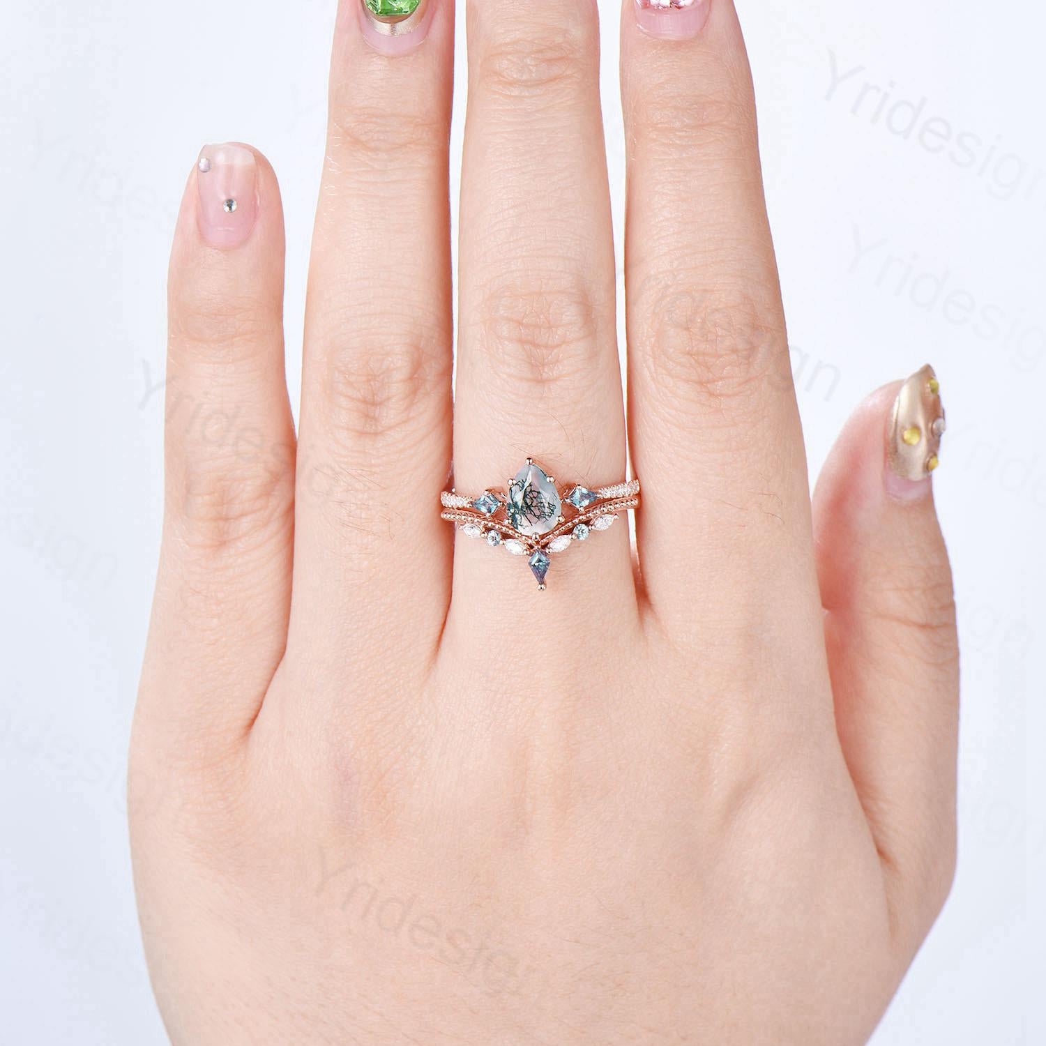 1.25 Carat Pear Shaped Natural Green Moss Agate Engagement Ring Set in Vintage 14k Rose Gold with Milgrain Detailing - Elegant Kite Agate Bridal Ring Set for Women - Perfect for Proposals, Weddings & Anniversary Gifts