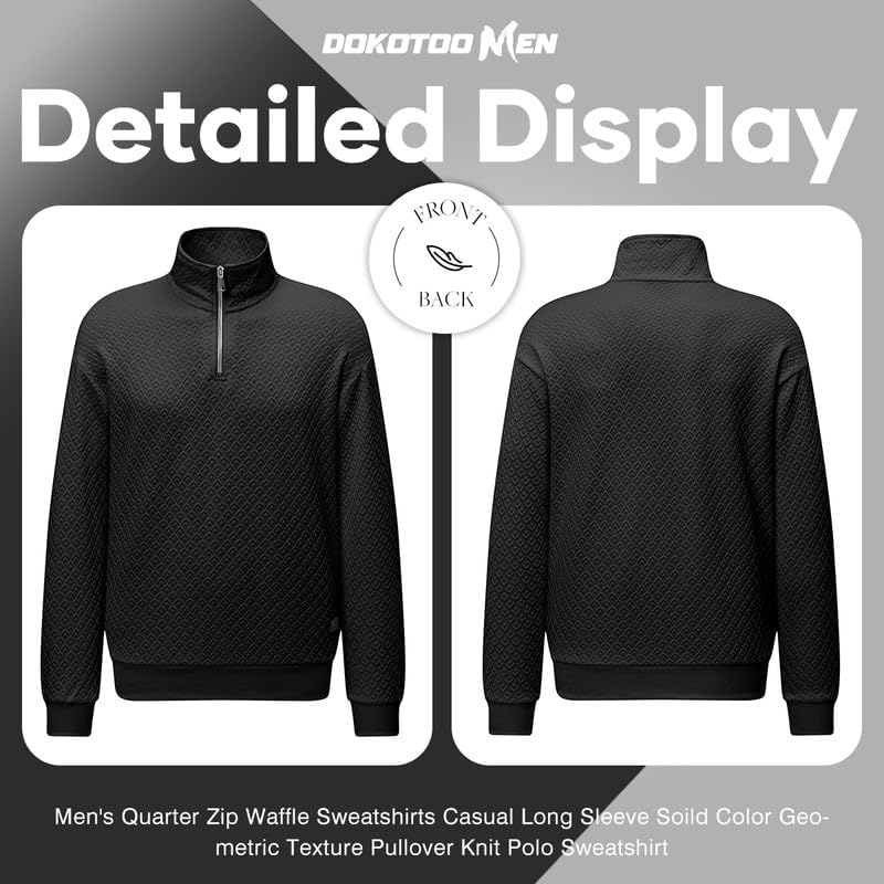 Men's Quarter Zip Sweatshirt - Casual Mock Neck Pullover with Geometric Waffle Texture | Long Sleeve Solid Color Fleece Top for Outdoor Activities & Lounge Wear