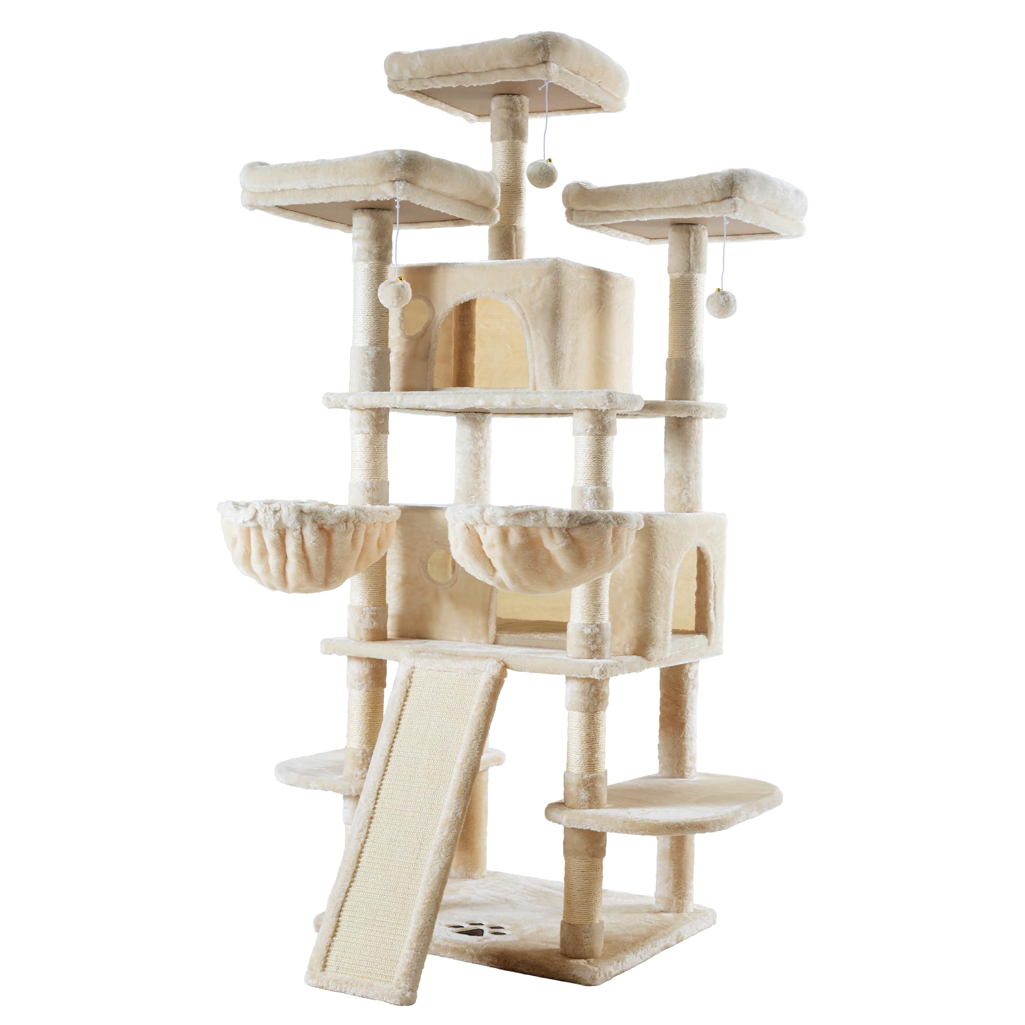 IMUsee 68-Inch Multi-Level Large Cat Tree for Big Cats - Sturdy Cat Tower with Condo, Plush Perches, Sisal Scratching Posts & Hammocks - Feline Activity Center & Playhouse (Beige) - Perfect for Indoor Cats, Playtime & Climbing Exercises