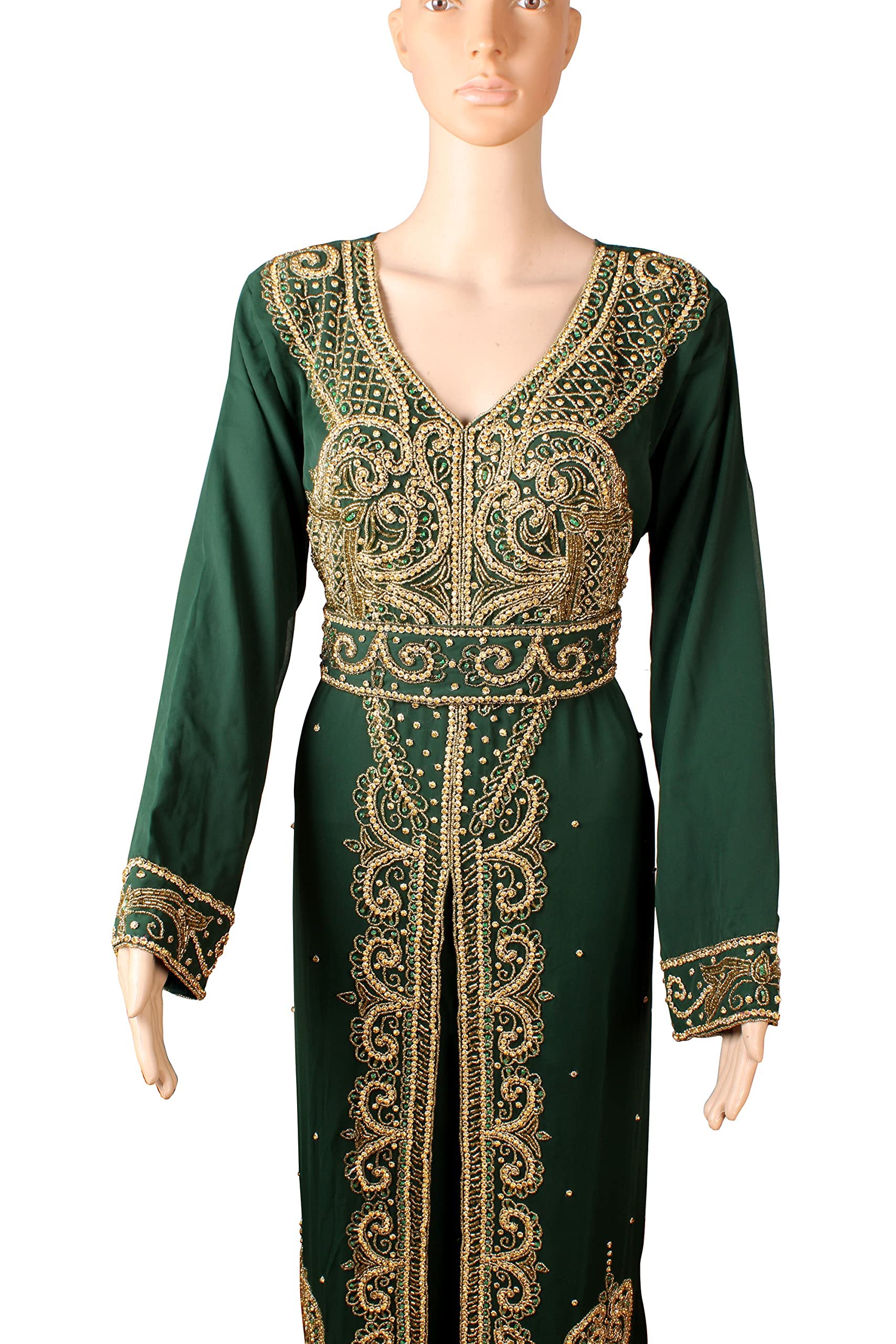 Elegant Long Sleeve Abaya Kaftan Dress for Women - Dubai Muslim Maxi Gown, Moroccan Farasha Designer Kaftan by AFREEN CREATION (D Green 2, XL) | Perfect for Eid, Wedding, Party & Special Occasions