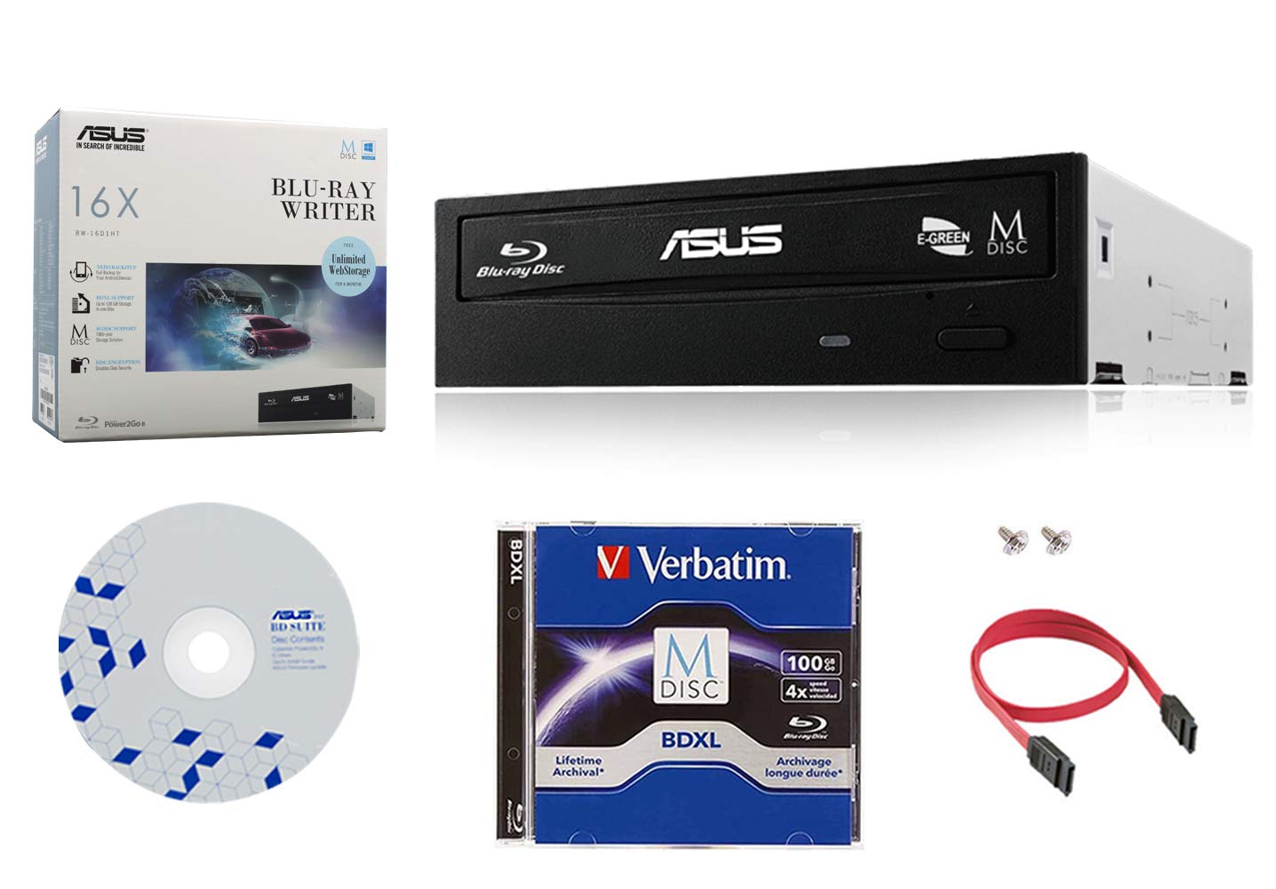 ASUS 16X Internal Blu-ray Burner with 100GB Verbatim M-Disc BDXL - High-Speed DVD/CD/Blu-ray Writer for PC - Includes BD Suite Disc & Cable Accessories - Perfect for Data Backup, Media Storage & Home Theater PCs