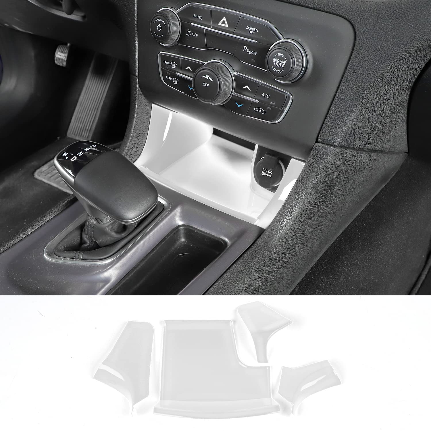 2011-2025 Dodge Charger Center Console Organizer - ABS Plastic Gear Shift Storage Bin Trim Panel (4-Piece Set, White) | Interior Accessories for Enhanced Car Organization & Style
