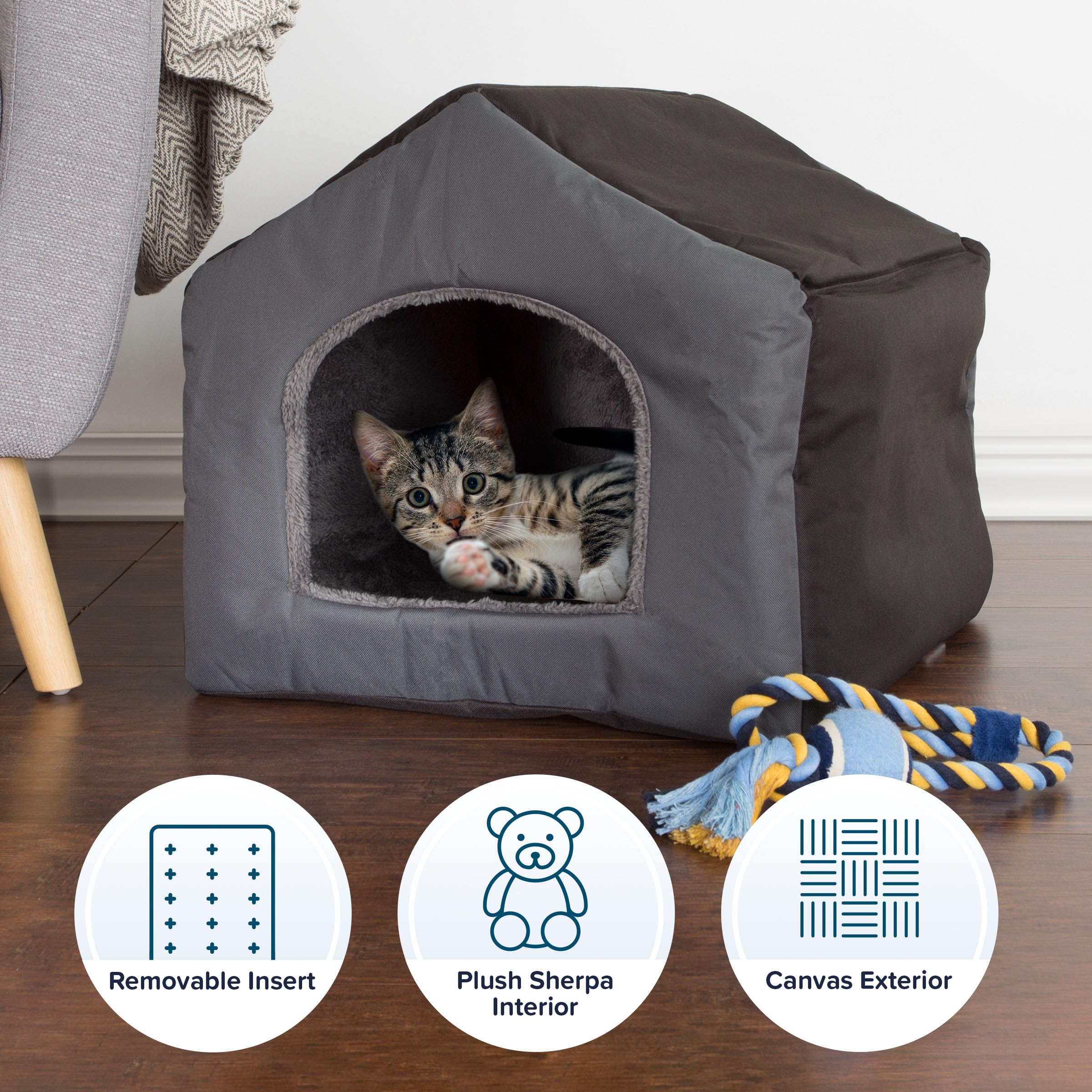 Cozy Indoor Dog House with Removable Sherpa Cushion - Soft Pet Bed for Small Dogs, Cats & Kittens | Portable Puppy Shelter for Home, Apartment & Travel | PETMAKER Gray Pet House