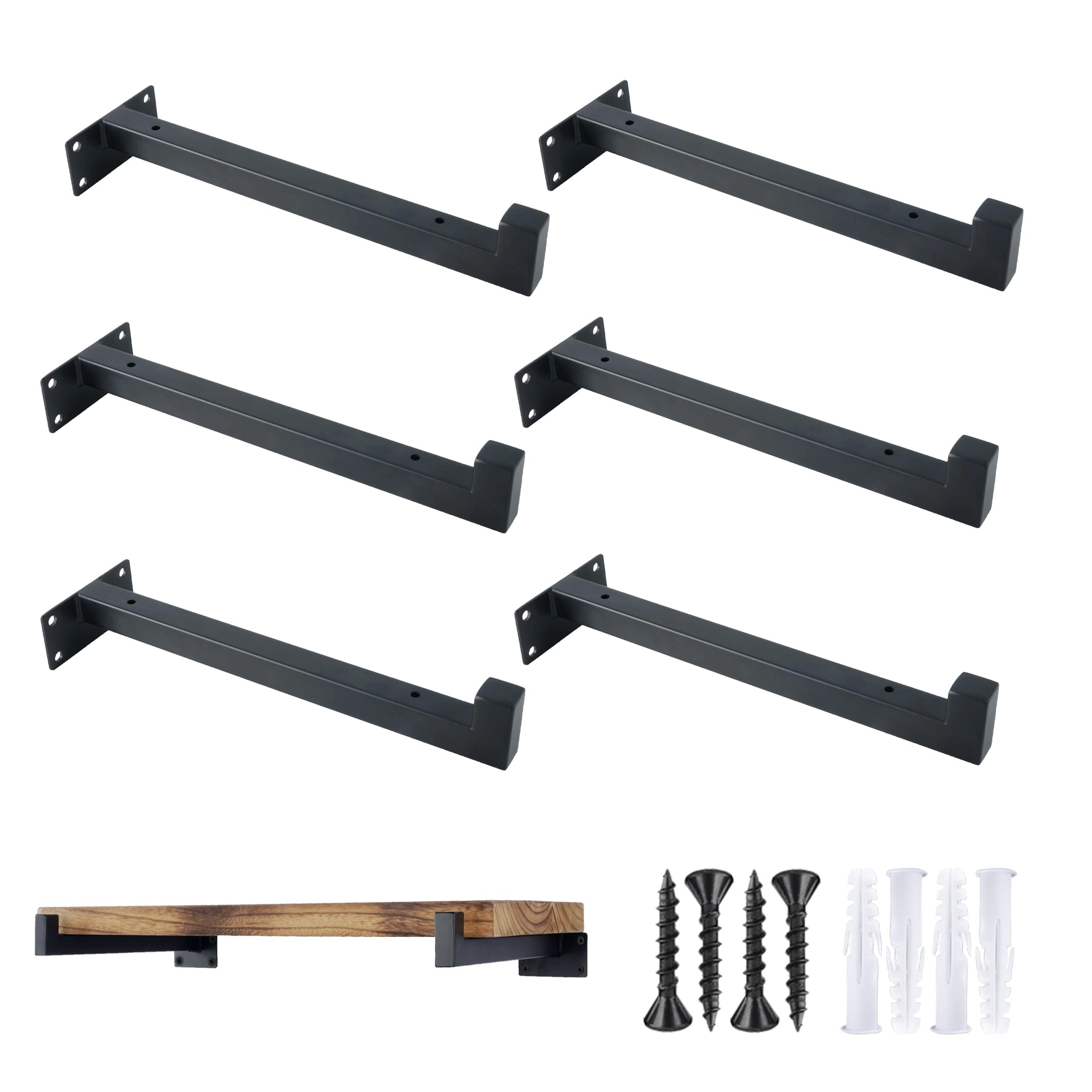 OVOV 6 Pack 12 Inch Black Floating Shelf Brackets with Lip - Heavy Duty Industrial Metal Shelving Supports for Wall Mounted Shelves - Includes Screws - Perfect for Kitchen, Bathroom, Garage & Home Storage Organization