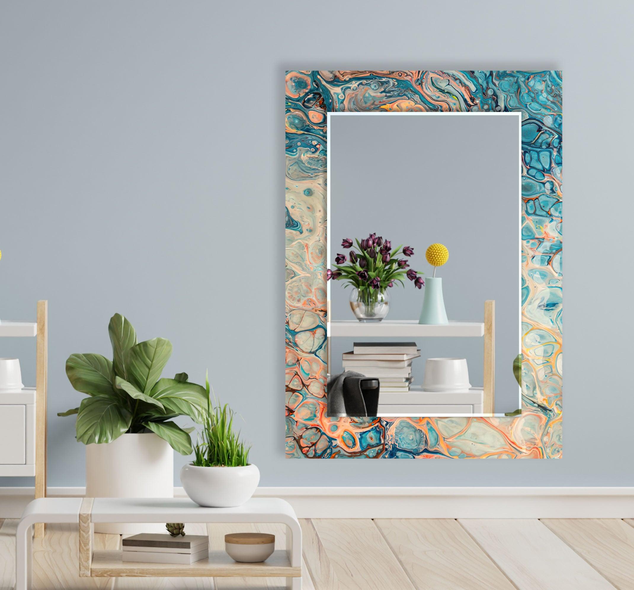 Blue & Beige Abstract Wall Mirror - Modern Decorative Round Mirror for Living Room, Bedroom, Entryway - Boho Home Decor Accent Piece for Wall Hanging