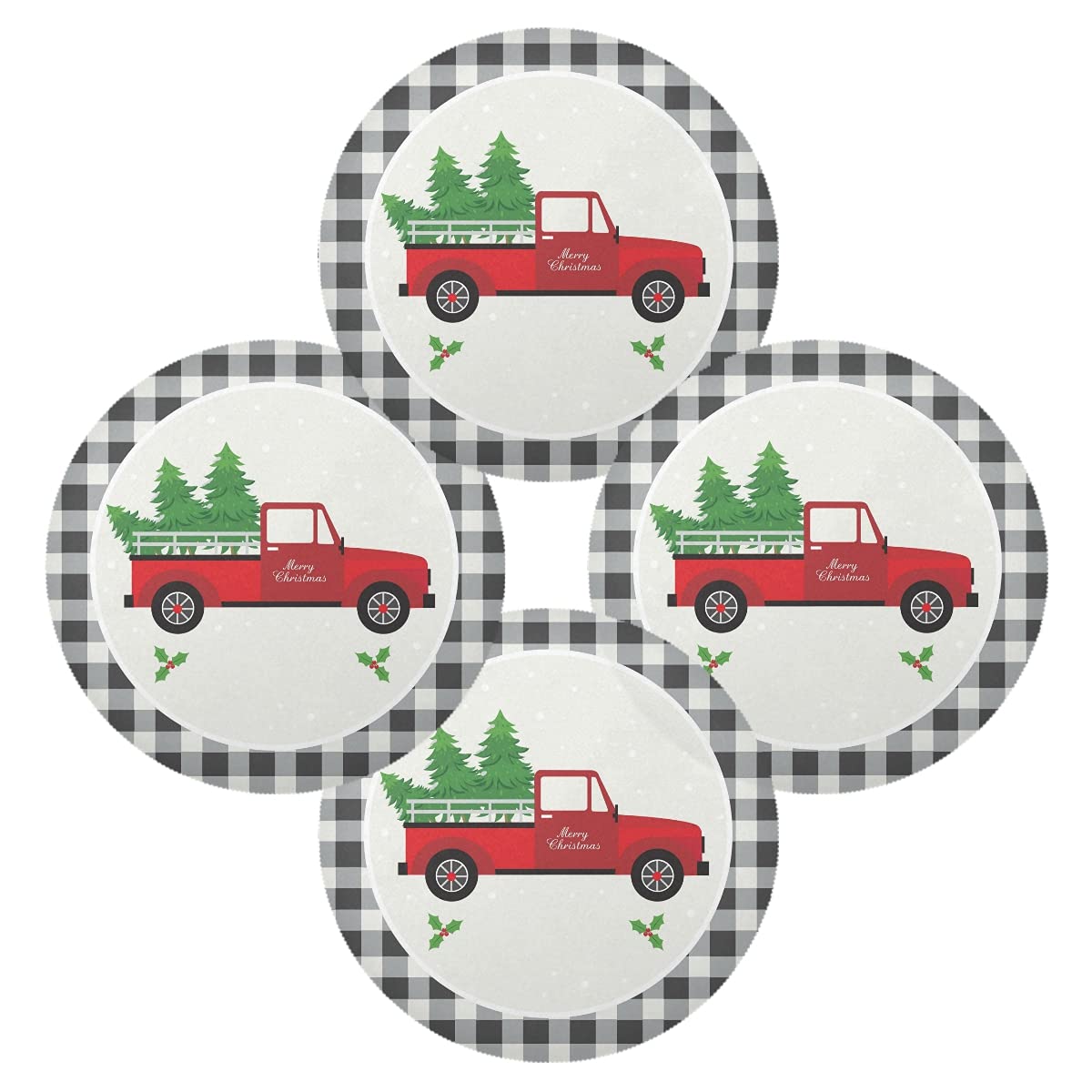 Christmas Truck & Buffalo Plaid Round Placemats Set of 4 - 15 Inch Non-Slip Dining Table Mats for Kitchen, Holiday Decor, Home & Wedding - Easy Clean Festive Table Setting Accessories for Christmas Dinner, Party & Family Gatherings