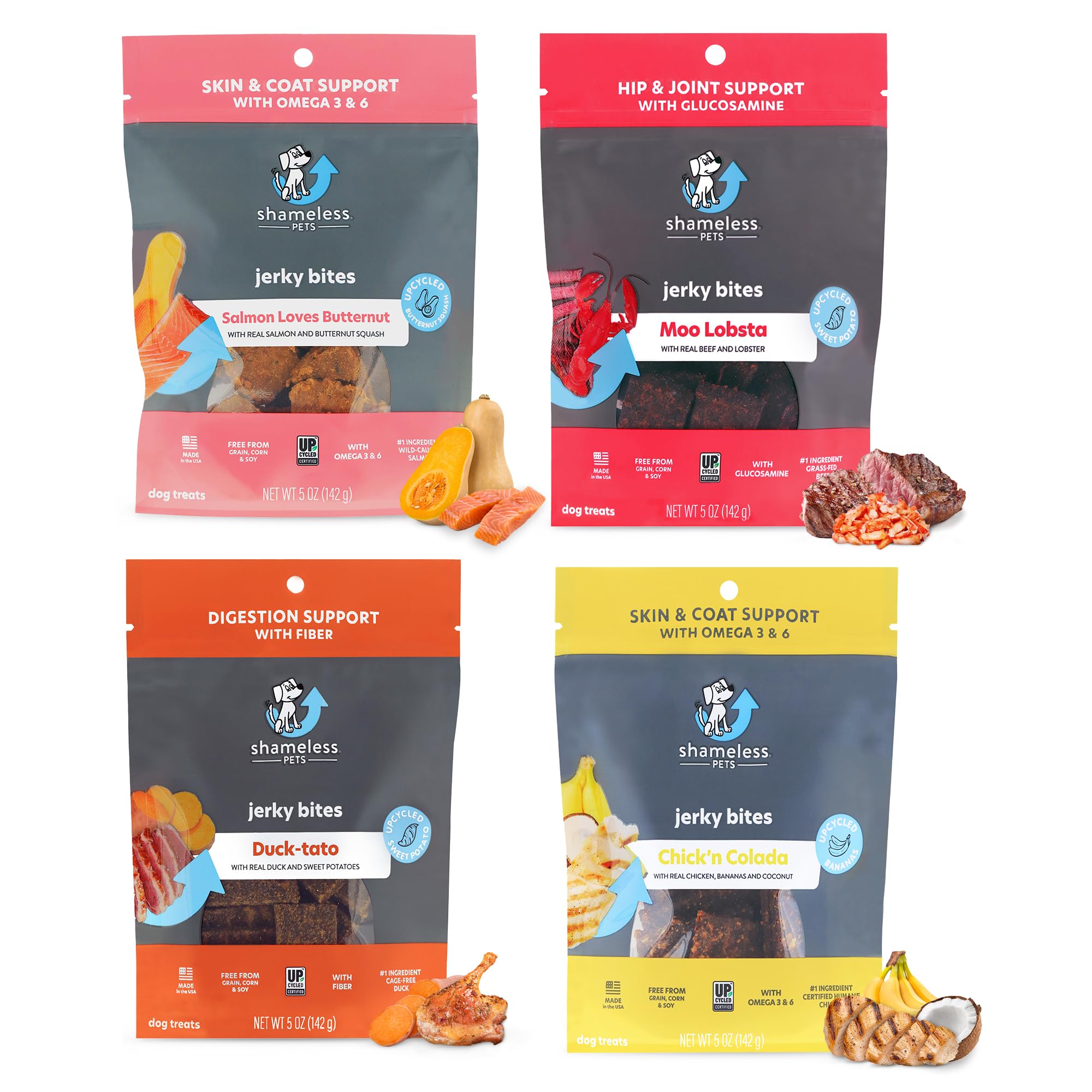 Shameless Pets Jerky Dog Treats Variety 4-Pack - Healthy Chicken, Beef, Salmon & Duck Chews for Dogs - Grain-Free, Corn-Free & Soy-Free Natural Dog Treats - Perfect for Training, Rewards & Snack Time