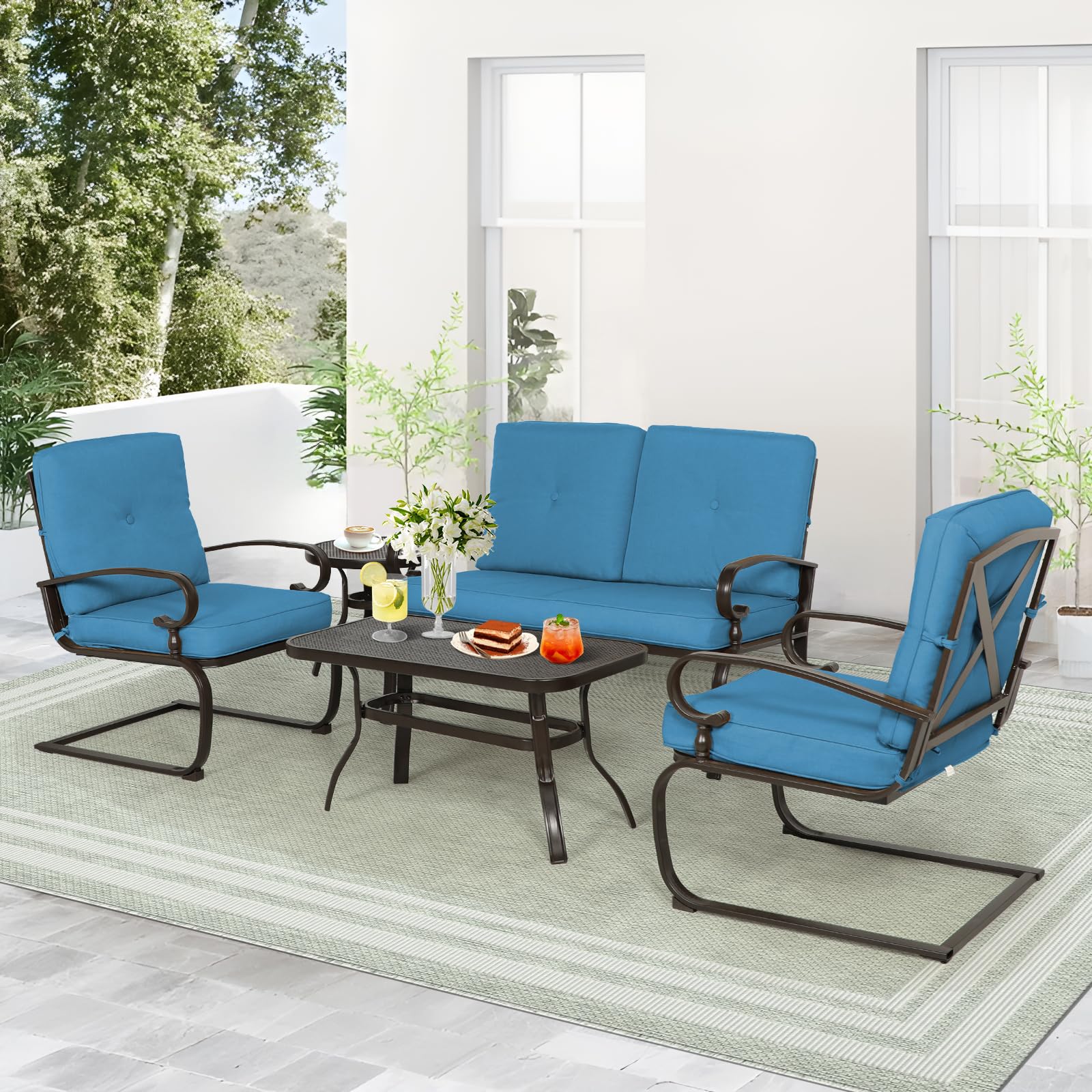 Oakcloud 5-Piece Wrought Iron Outdoor Patio Furniture Set with Cushions - Loveseat, Coffee Table, Bistro Table & 2 Spring Chairs in Blue - Perfect for Garden, Backyard, Poolside & Outdoor Conversations