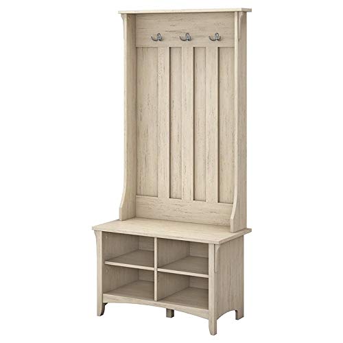Bush Furniture Salinas Hall Tree with Storage Bench in Antique White - Entryway Organizer with Shoe Storage & Coat Hooks for Home, Office, or Mudroom