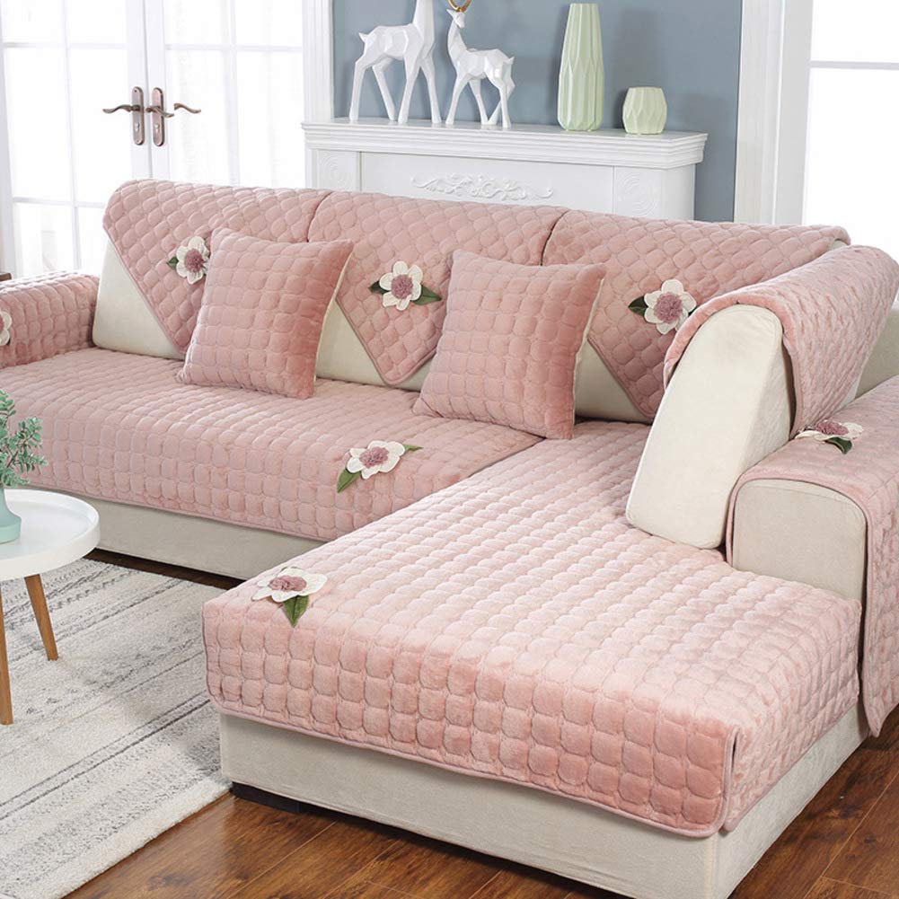 Nileco Quilted Plush Sofa Slipcover - Anti-Slip Furniture Protector, Washable Dustproof Sectional Couch Cover, 43x94 inches (110x240cm), Pink - Perfect for Living Room, Family Room & Home Decor