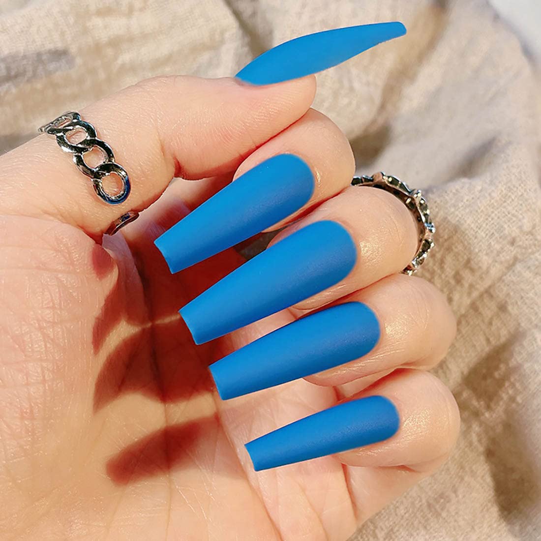 24pcs Coffin French Ballerina Press on Nails - Long Glossy Frosted Acrylic Fake Nails with Full Cover Design for Women & Girls | Perfect for Parties, Weddings, and Special Occasions (Blue)