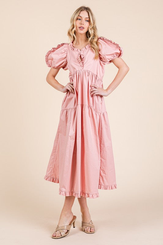 Pink Ruffle Trim Puff Sleeve Cotton Babydoll Midi Dress for Women | Beach Resort Vacation Outfit | Perfect for Summer Parties, Weddings & Tropical Getaways