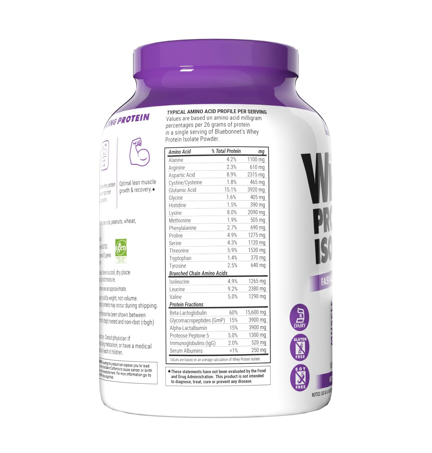 Bluebonnet Nutrition Whey Protein Isolate Powder from Grass-Fed Cows | 26g Protein per Serving | Sugar-Free, Gluten-Free, Soy-Free, Kosher Dairy Certified | 2.2 lbs (32 Servings) | Unflavored | Ideal for Post-Workout Recovery & Muscle Building