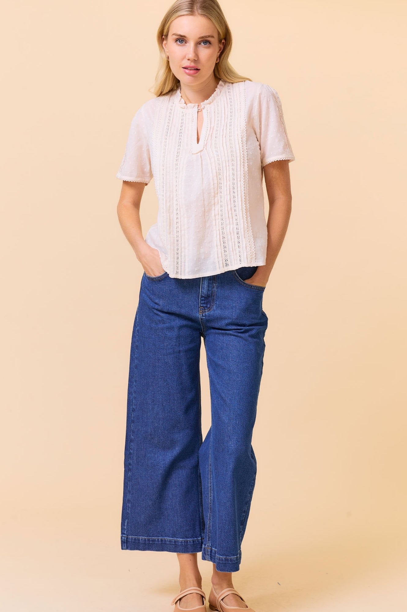 Vienna Short Sleeve Blouse for Women - Soft Cream Top with Floral Embroidery - Perfect for Summer Outfits, Office Wear & Casual Dates