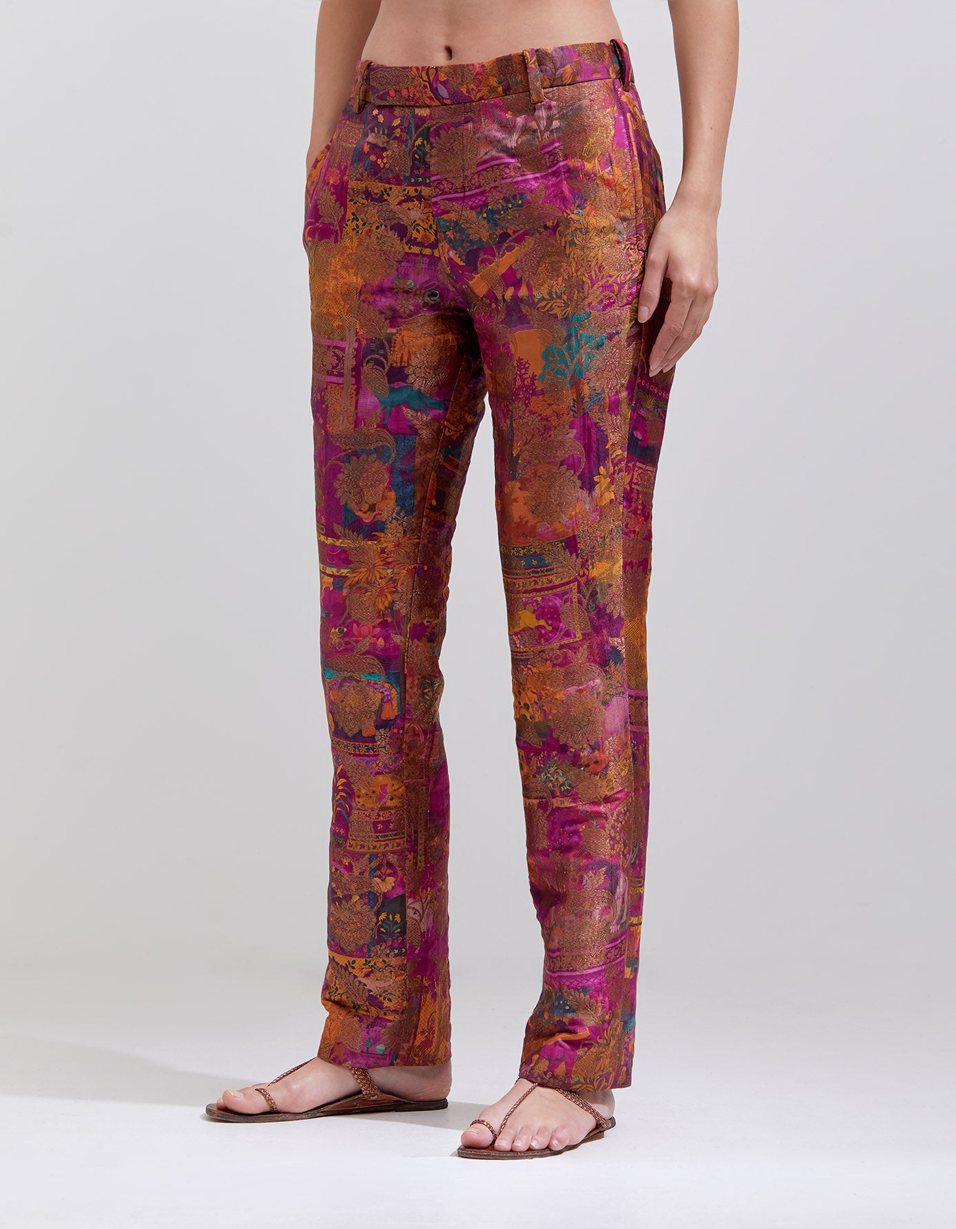 Elegant Purple Silk Brocade Boot Cut Trousers for Women - Perfect for Office Wear, Evening Events & Special Occasions