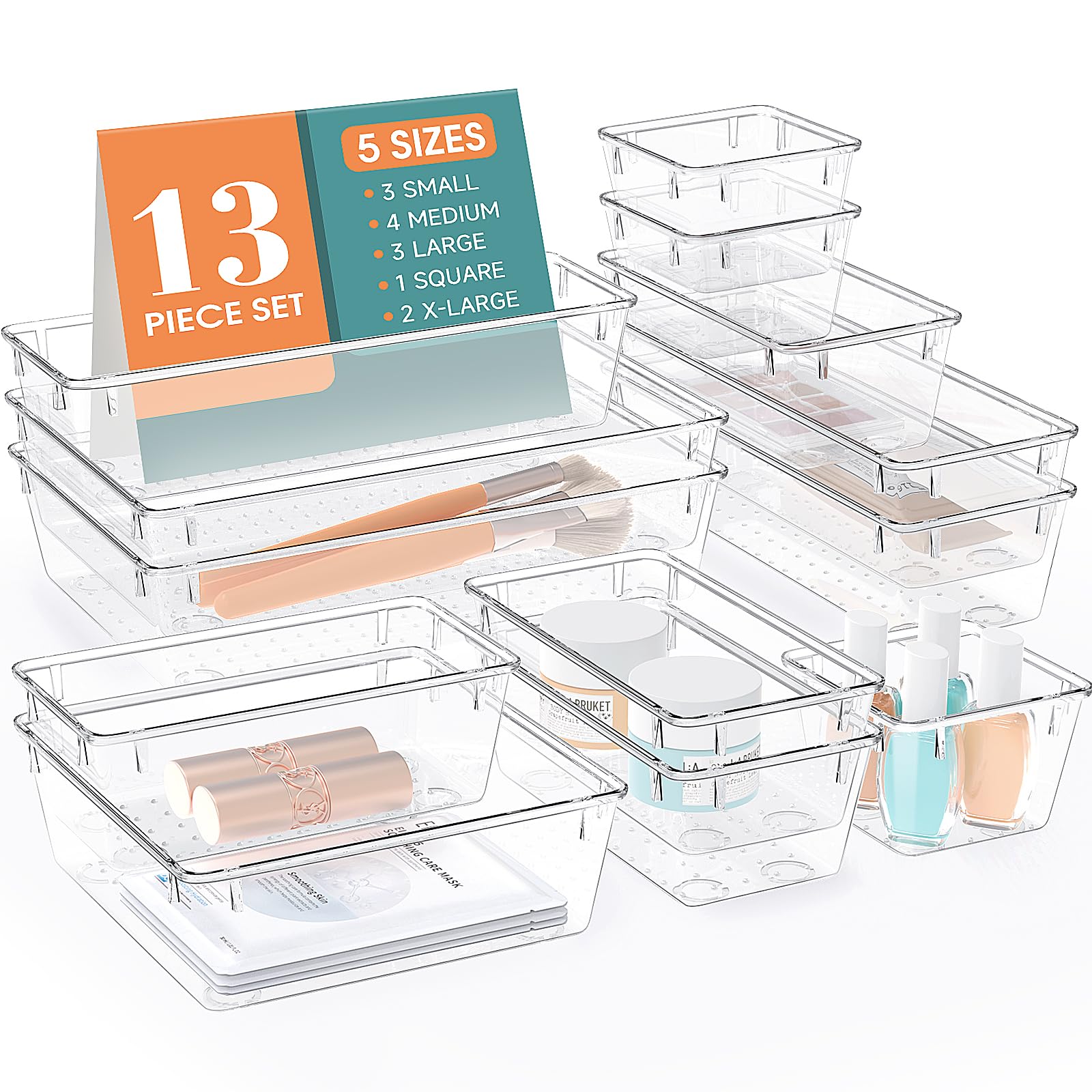13-Piece Clear Drawer Organizer Set - 5 Sizes Bathroom & Kitchen Cabinet Storage Trays for Makeup, Jewelry, Utensils, Gadgets - Perfect for Home, Office, and Travel Organization