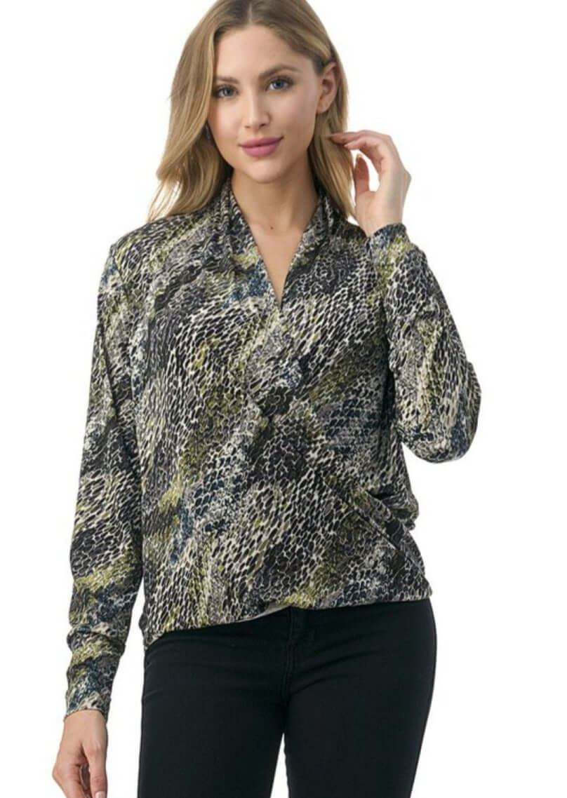 Olive Snake Print Fashion Surplice Top - Women's Trendy Blouse for Casual & Night Out | Final Sale Clearance