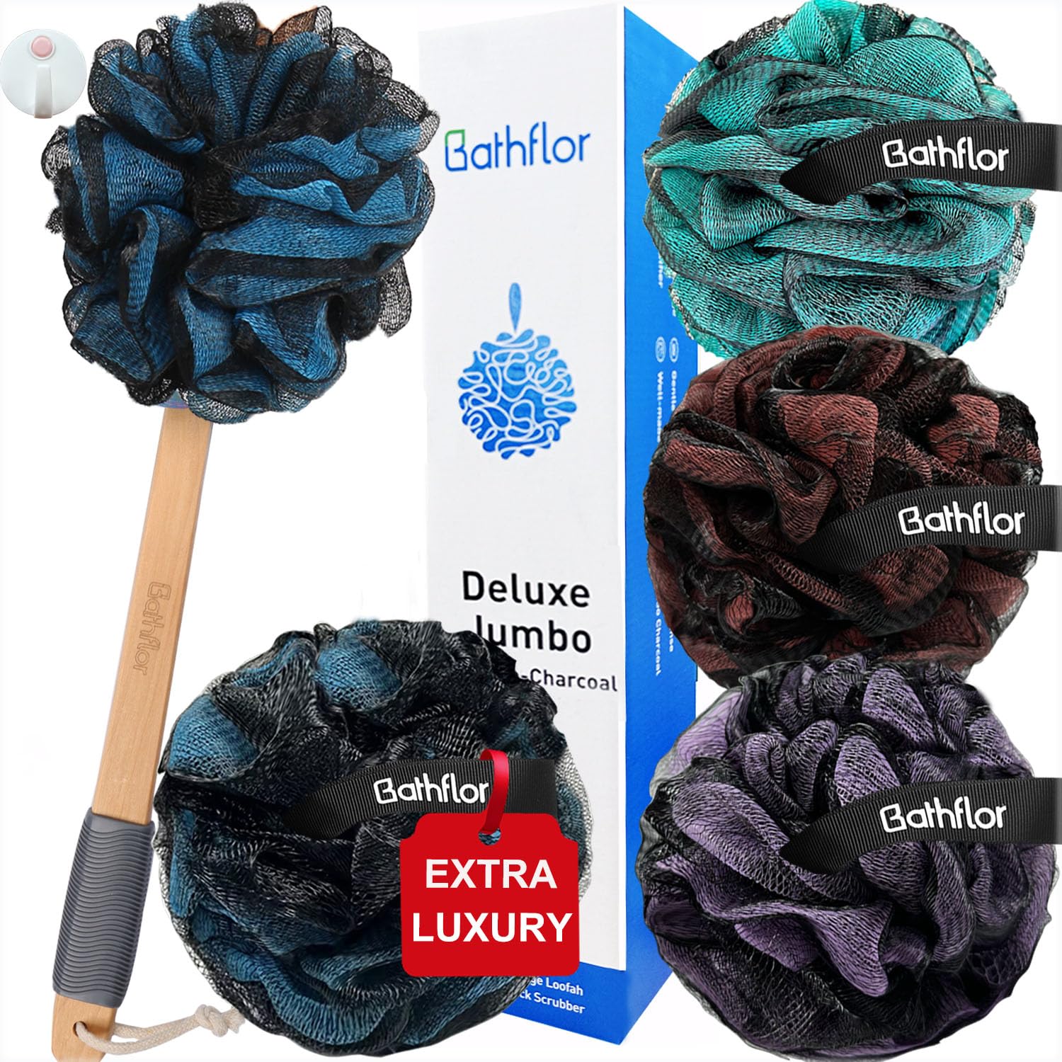 80g Loofah Sponge for Shower & Bath - Extra Large Soft Loofa Pouf with Long Handle & Curved Luffa Stick - Includes Shower Hook - Exfoliating Body Scrub for Men & Women (Charcoal) - Perfect for Deep Cleansing & Skin Renewal