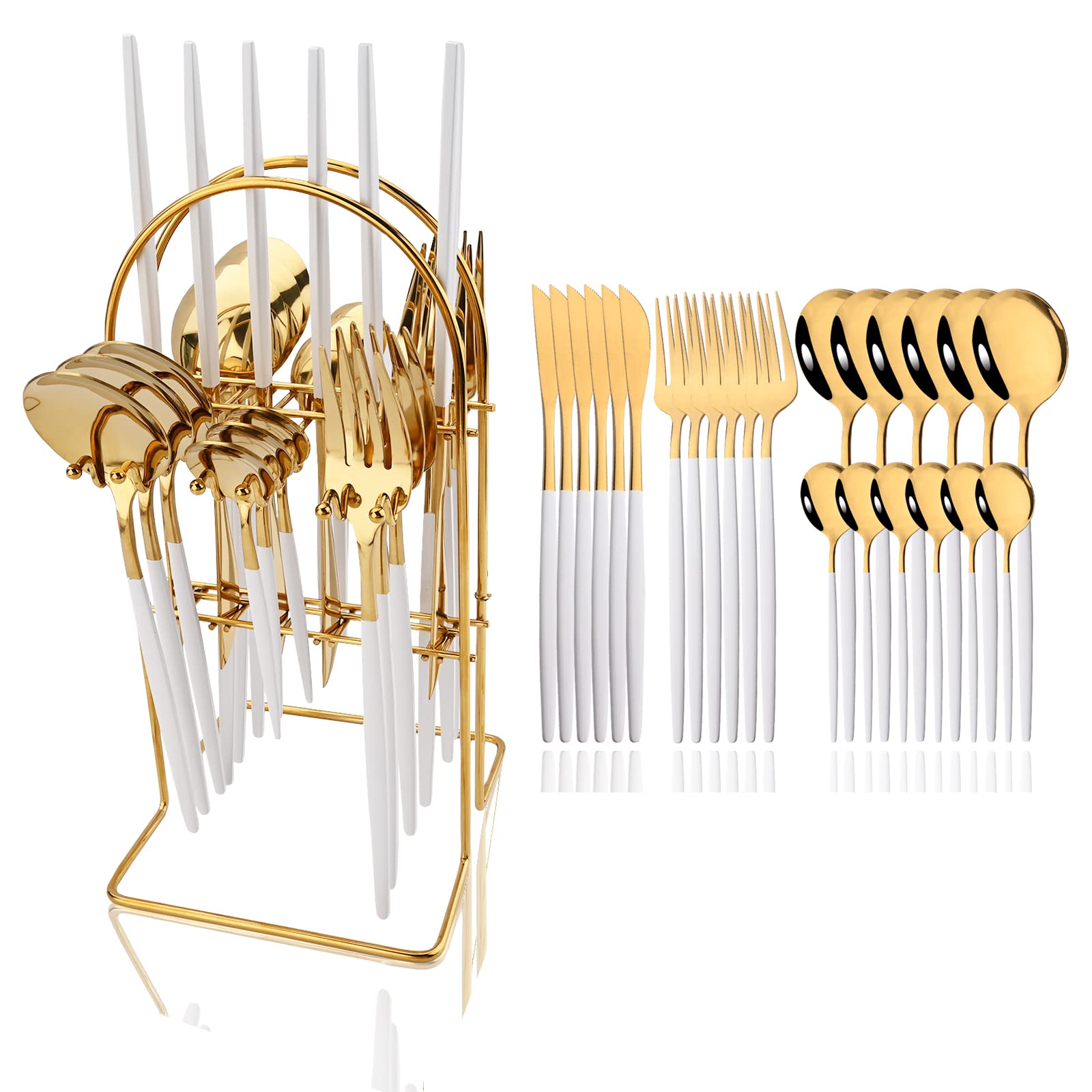 JASHII 24-Piece Stainless Steel Flatware Set - Gold & White Plated Forks & Spoons with Stand, Mirror Polished Cutlery Set for 6, Elegant Dining Tableware - Perfect for Dinner Parties, Weddings, and Upscale Restaurants