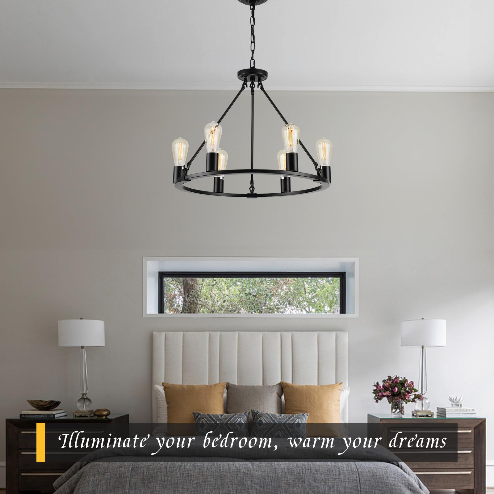 Black Farmhouse Wagon Wheel Chandelier - 6-Light 24