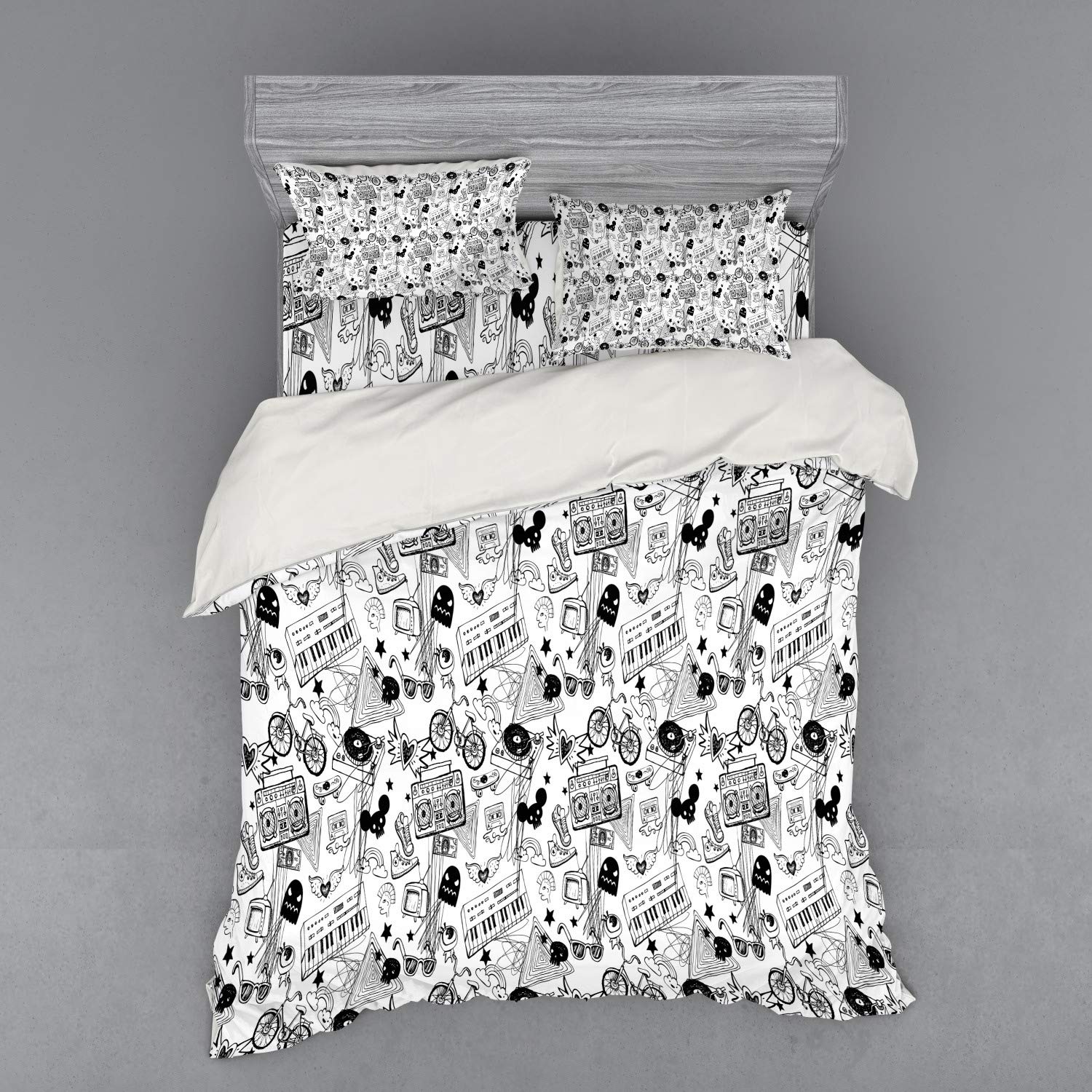 Ambesonne Punk Teenage Duvet Cover Set - Black and White Cassette Keyboard Ghost Heart & Boombox Doodle Design, 4-Piece Queen Size Bedding with Shams & Fitted Sheet | Perfect for Teen Rooms, Music Lovers & Retro-Themed Bedrooms