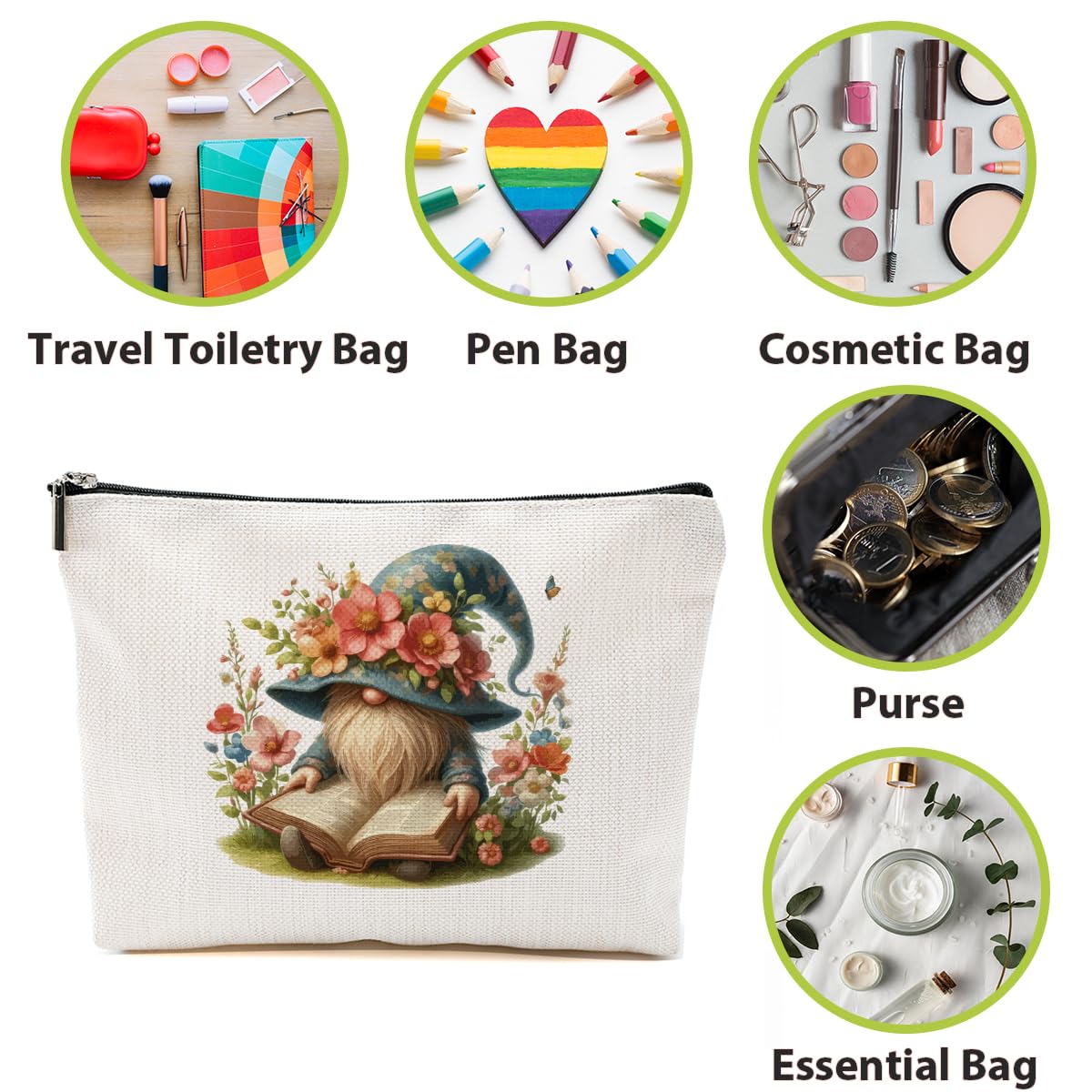 Floral Gnome Makeup Bag - Cute Cosmetic & Toiletry Pouch for Women, Bestie, Daughter - Funny Gnome Gifts for Christmas, Birthday, Graduation - Perfect Friendship Gift for Girls & Women - Great for Travel, Daily Makeup Storage & Gift Giving
