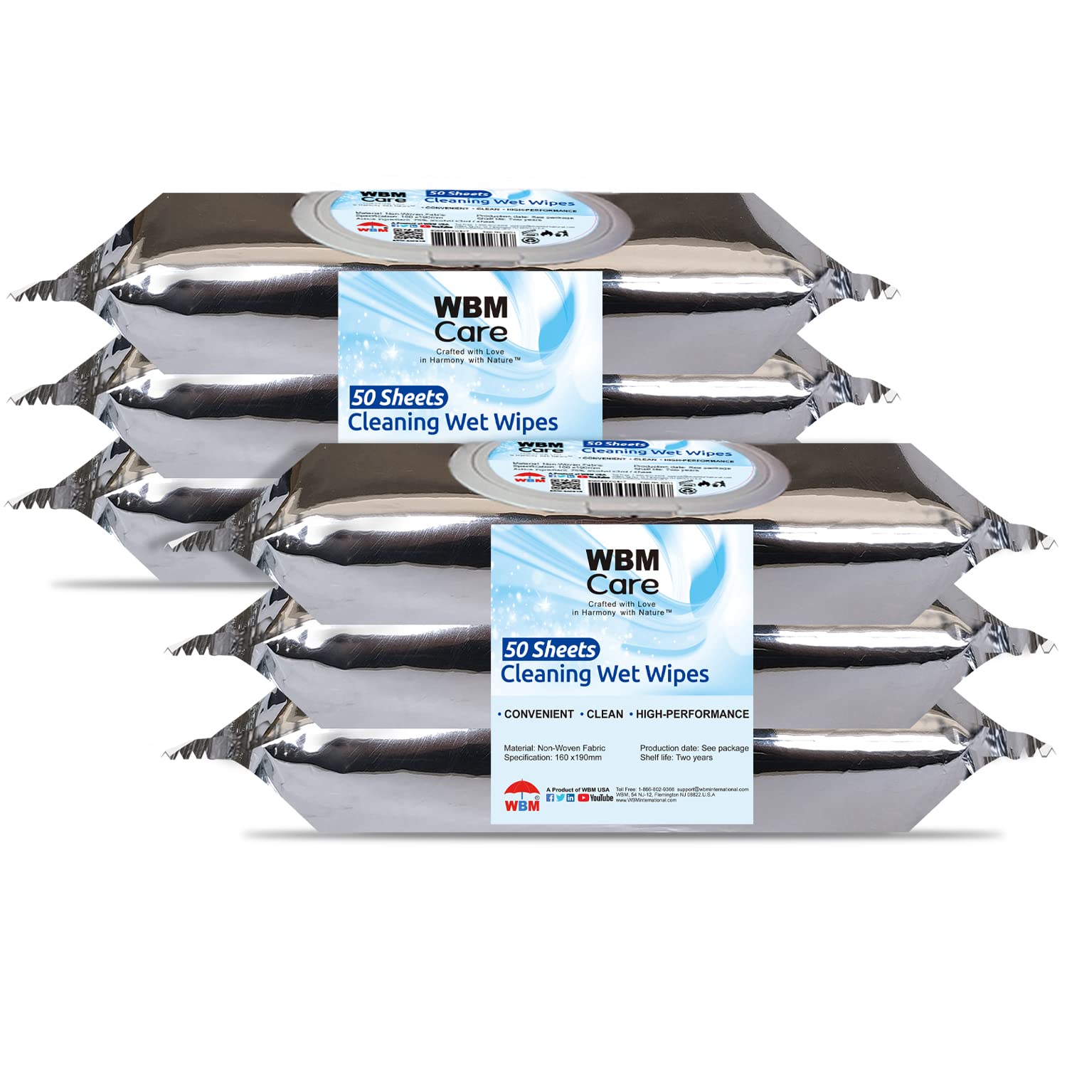 WBM Care Thick & Strong Unscented Wet Wipes - 50 Sheets per Pack (6 Packs) | Multi-Surface Cleaning Wipes with Flip-Top Dispenser | Ideal for Home, Office, Baby Care & Travel Use