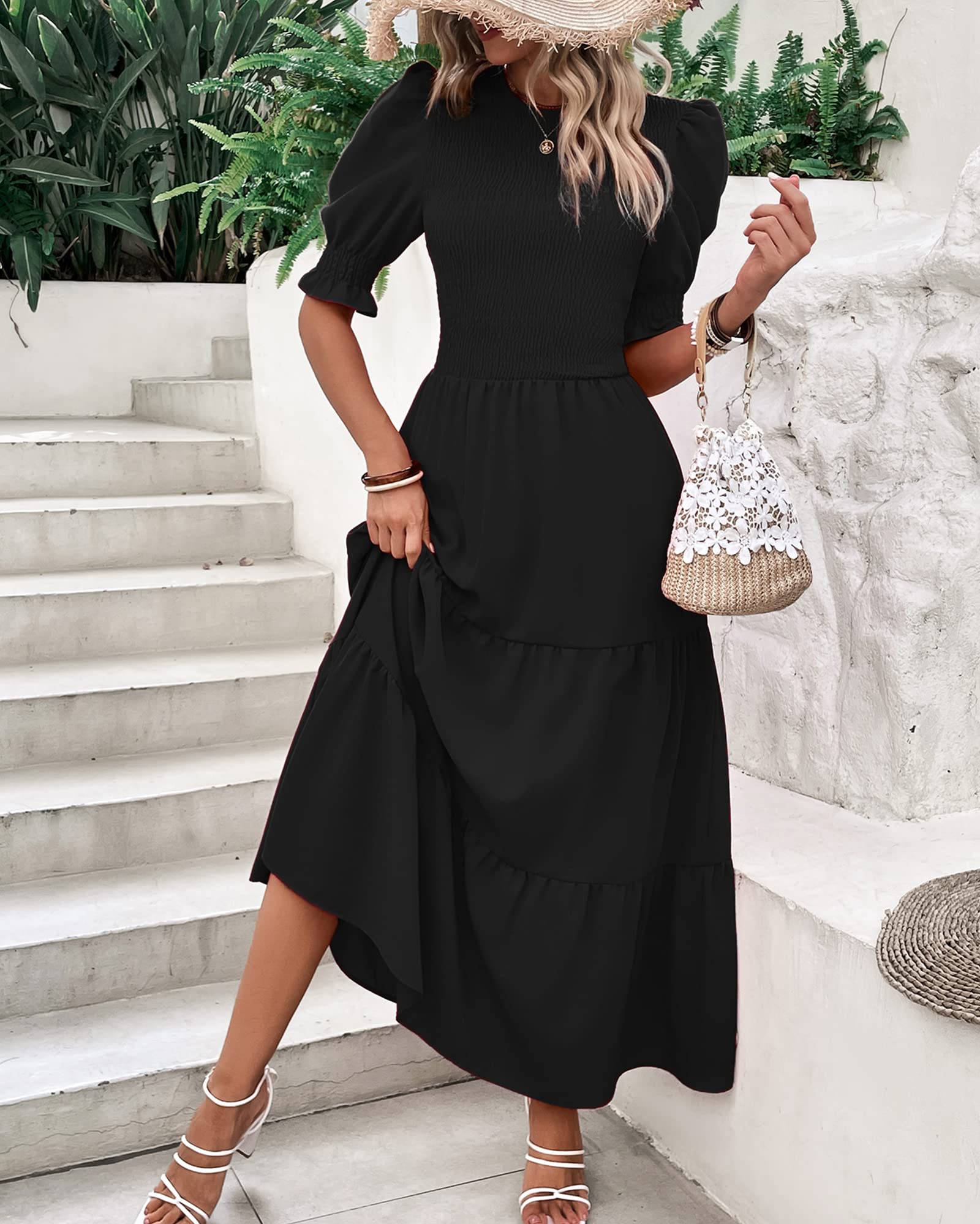 BTFBM Women's Floral Print Boho Maxi Dress - Crew Neck, Ruffle Short Sleeve, Smocked Waist, Flowy Summer Dress for 2025 | Perfect for Beach Vacations, Music Festivals & Casual Outings