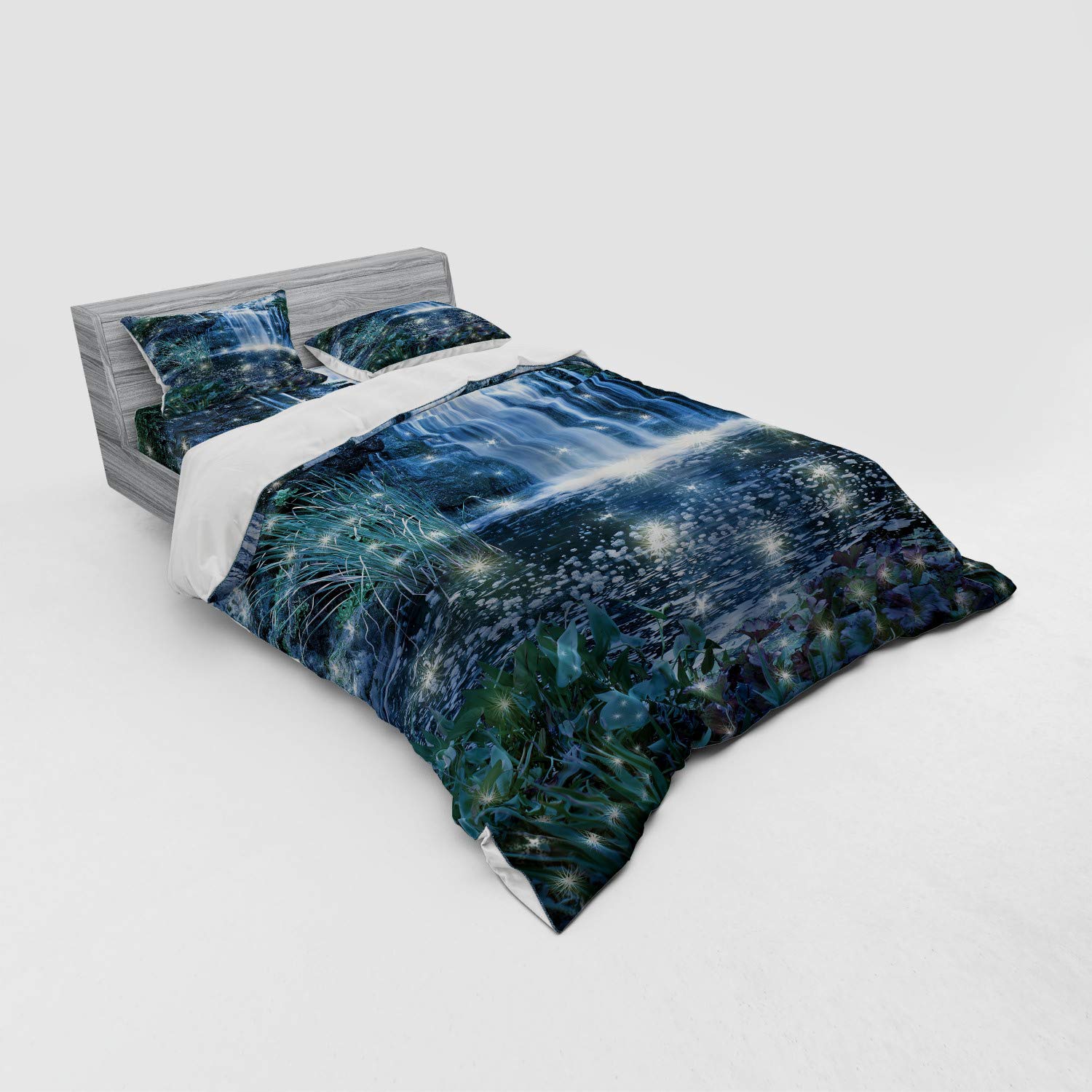 Ambesonne Magic Bedding Set - Water Landscape Print Duvet Cover 4-Piece Set with Shams & Fitted Sheet, Queen Size Grey Green | Nature Inspired Bedroom Decor for Cozy Nights & Relaxing Sleep