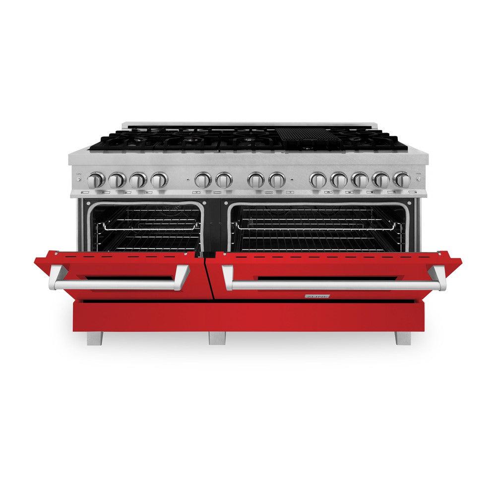 ZLINE 60-Inch 7.4 cu. ft. Dual Fuel Range with 9-Burner Gas Cooktop & 2 Electric Convection Ovens - Satin Stainless Steel with Red Matte Doors (RAS-RM-60) - Perfect for Professional Home Chefs & Modern Kitchens