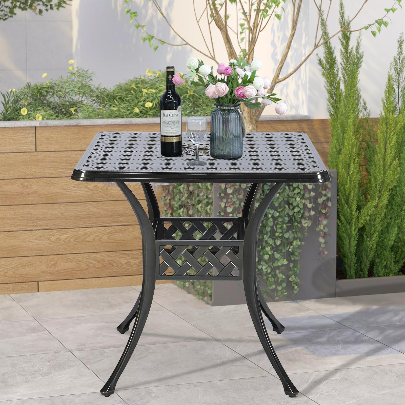 VIVIJASON 30.5 Inch Square Outdoor Patio Dining Table - Bronze Cast Aluminum Weather-Resistant Table with Umbrella Hole - Perfect for Backyard, Garden, Poolside & BBQ Gatherings