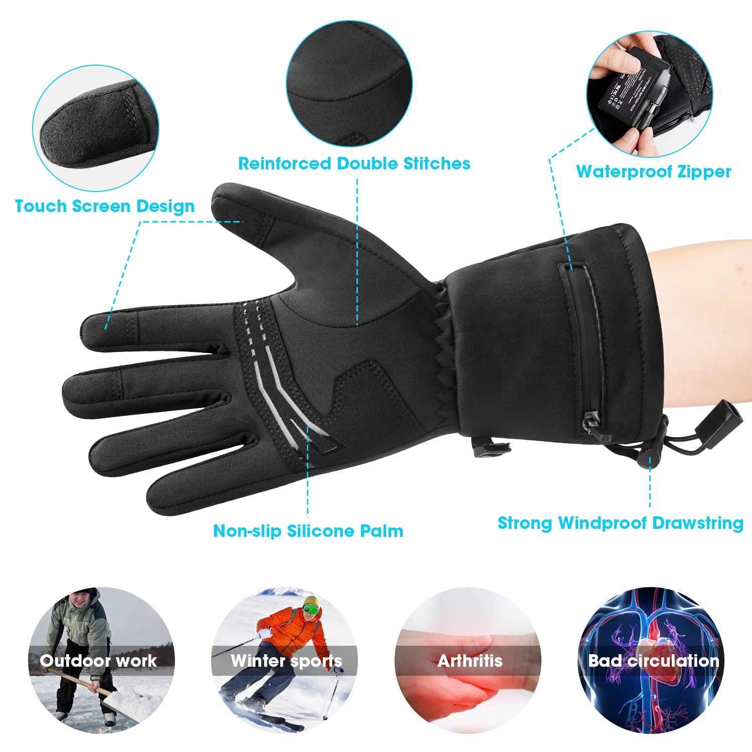 Rechargeable Electric Heated Gloves for Men & Women - Battery-Powered Hand Warmers for Skiing, Snowboarding, Hiking, Cycling & Hunting | Thin Thermal Glove Liners for Cold Weather Outdoor Activities