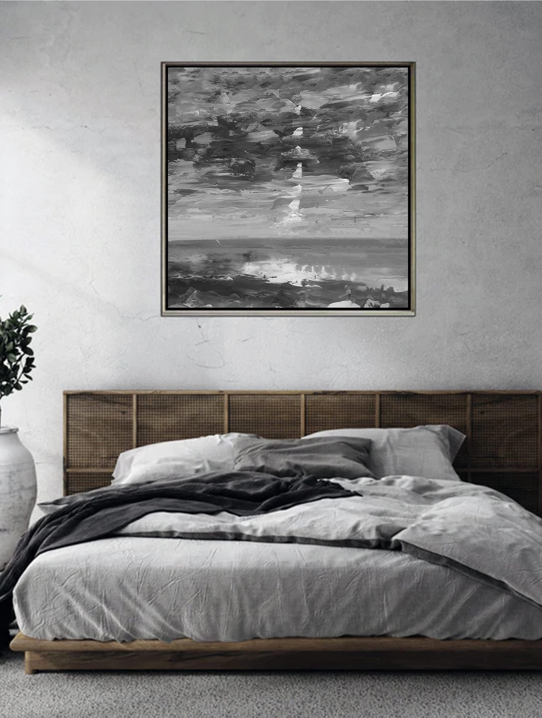Handmade Black and White Abstract Ocean Oil Painting on Canvas - Modern Large Wall Art for Home & Office Decor - 40x40 Inches - Perfect for Living Room, Bedroom, or Workspace