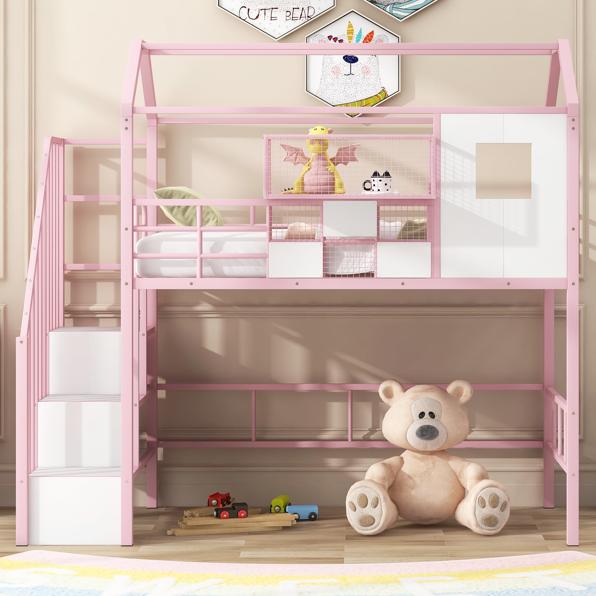 BOVZA Twin Size Loft Bed with Stairs, Roof & Storage - Metal Low Loft Bed Frame with Safety Guardrails for Kids & Teens - Pink & White - Perfect for Small Bedrooms, Dorm Rooms & Kids' Play Areas