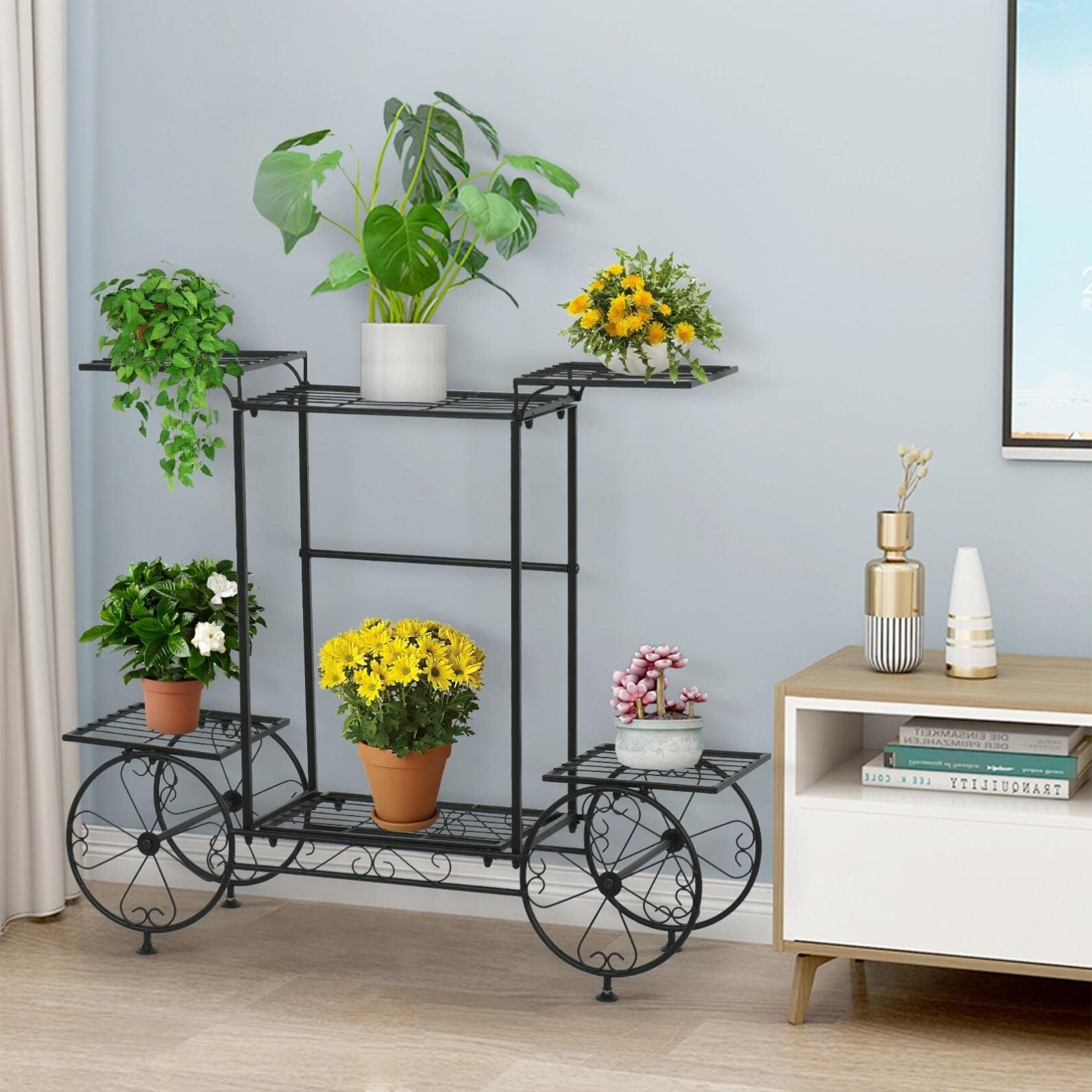 Mid-Century Modern Black Metal Garden Cart Stand - Handmade Rectangular Flower Pot Holder & Plant Display Rack for Home Decor | Perfect for Indoor Plants, Patio Decor, and Gardening Organization