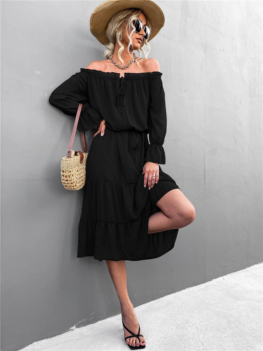 Women's Midi Off Shoulder Ruffle Long Sleeve Summer Dress - Solid Color Loose Fit Tiered Tunic with Tie Neck | Perfect for Beach Vacations, Date Nights & Summer Parties