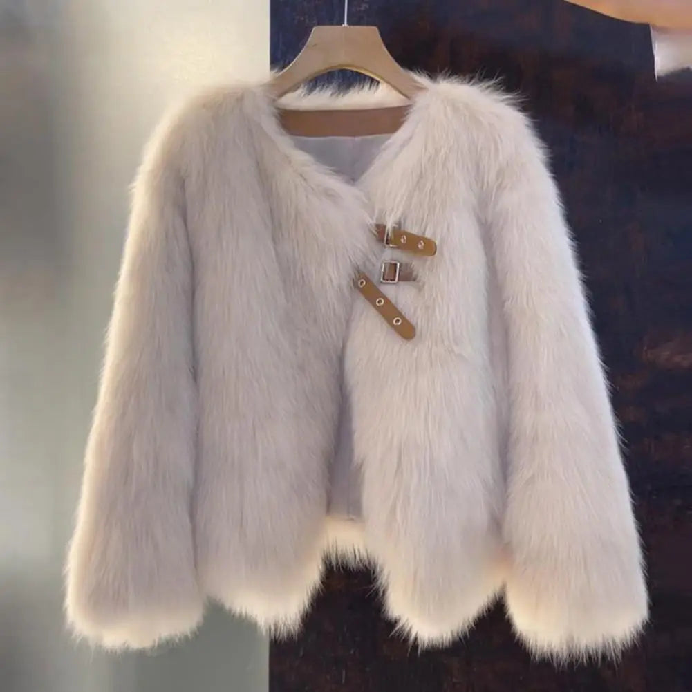 Warm Faux Fur Knit Cardigan Coat for Women - Cozy Winter Long Sleeve Sweater Jacket with Buckle & Strap Decor | Perfect for Fall/Winter Fashion, Office Wear & Casual Outings