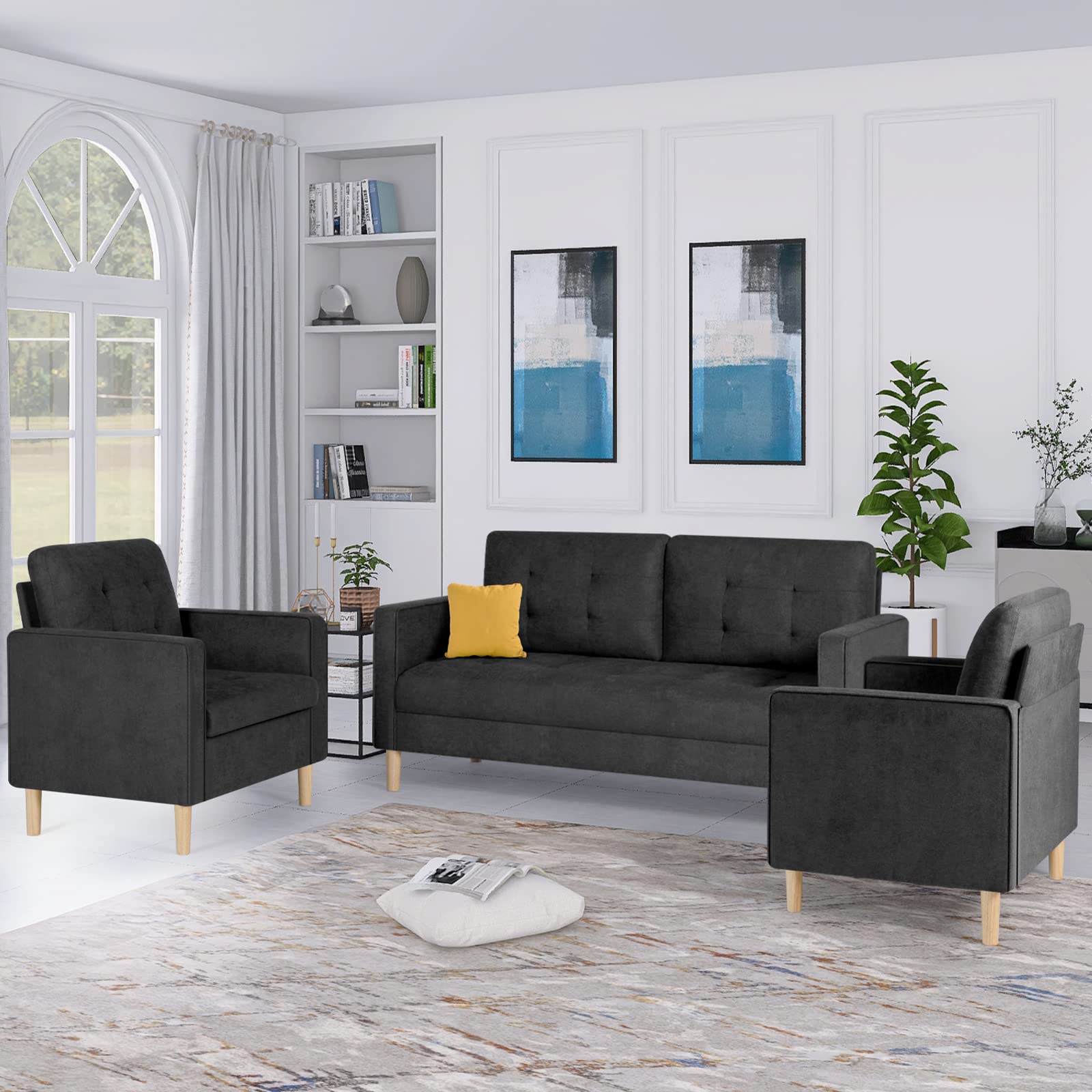 3-Piece Grey Sofa Set for Small Living Room - 1 Loveseat + 2 Accent Chairs, Modern Sectional Couch for Office & Home Decor | Compact Space-Saving Furniture for Apartments, Dorms and Cozy Spaces