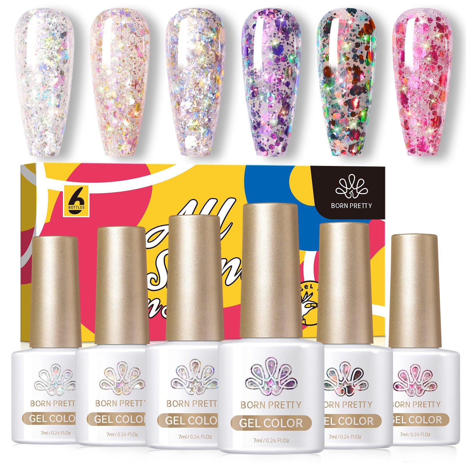 6 Colors Glitter Flakes Nail Gel Polish Set - 7ml Long Lasting UV LED Soak Off Gel for Nail Art, Manicure & Pedicure - Perfect for Parties, Weddings & Special Occasions