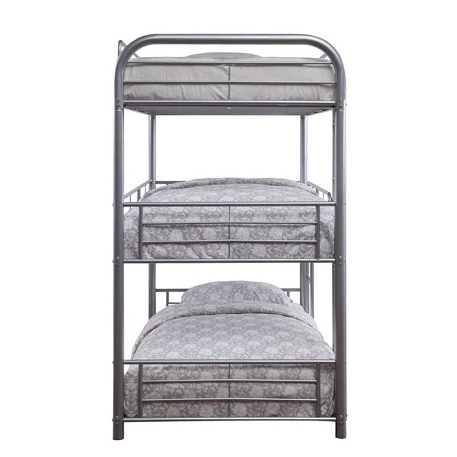 Sturdy Metal Triple Bunk Bed - Twin Over Full with Attached Loft Bed Frame | Safe Design with Ladders & Guardrails for Kids, Teens & Adults | Space-Saving Solution for Dorms, Guest Rooms & Small Apartments (Silver)