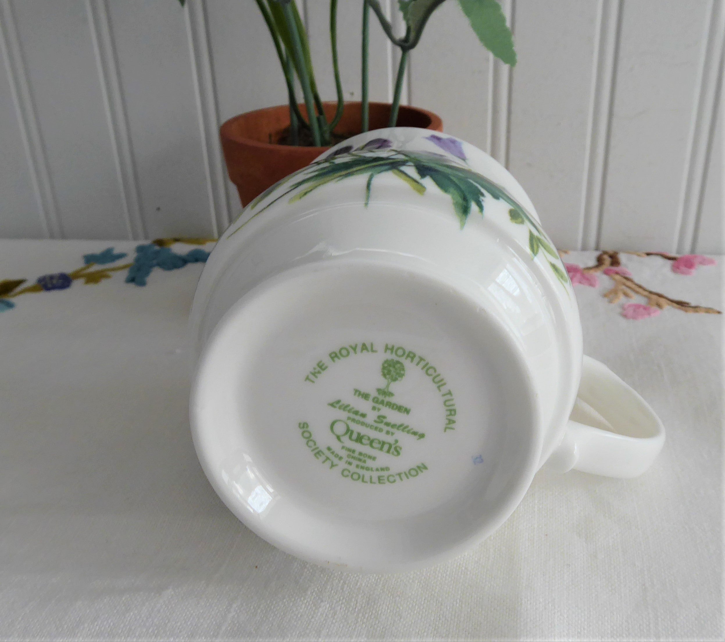 Vintage 1990s English Bone China Mug - RHS Queens Purple Yellow Lavender Flowers Design | Elegant Tea & Coffee Cup for Home, Office, and Garden Use