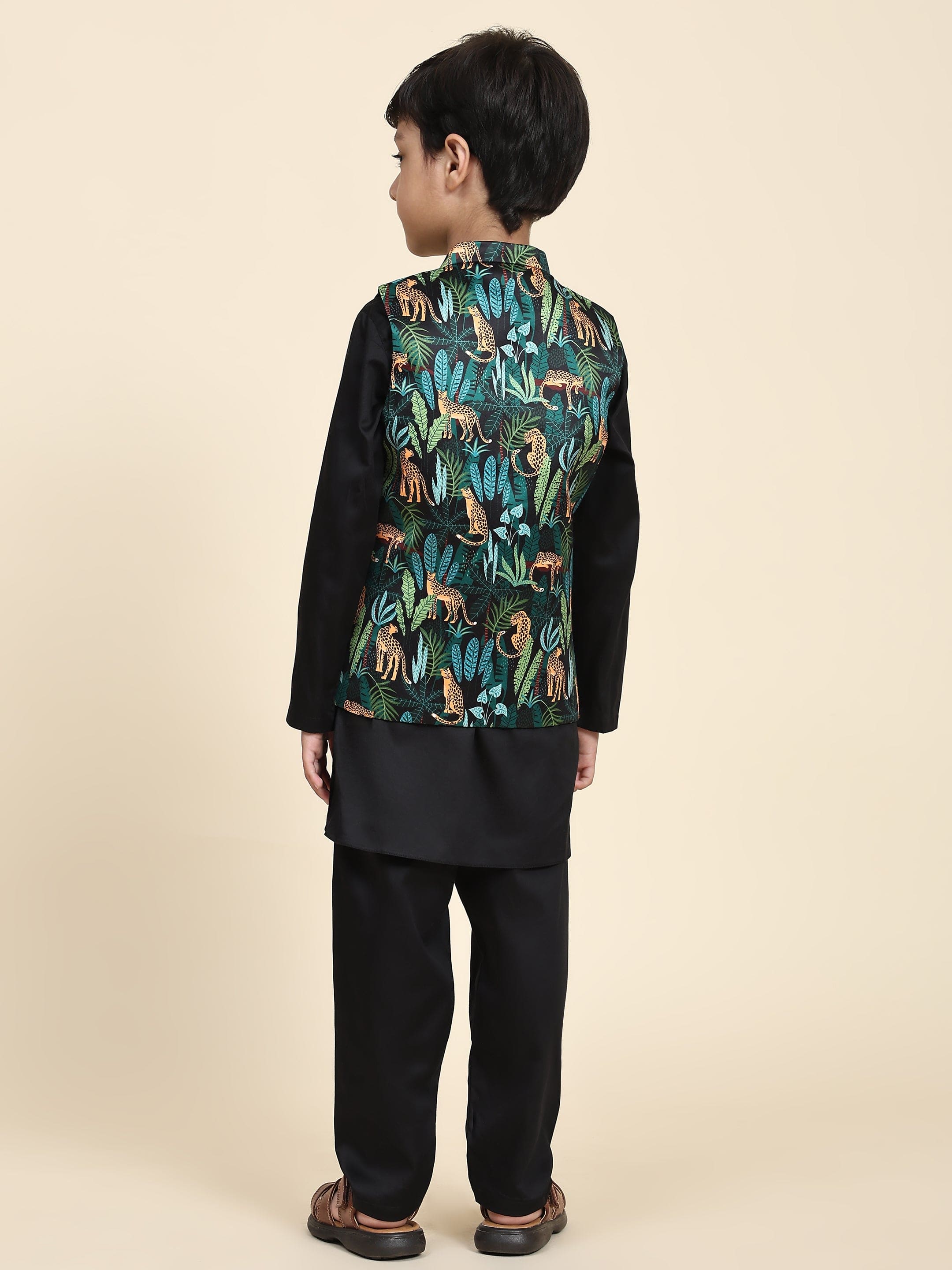 Pre-Order Black Leopard Print Satin Kurta Pajama Set for Men | Elegant Indian Ethnic Wear for Weddings & Festivals