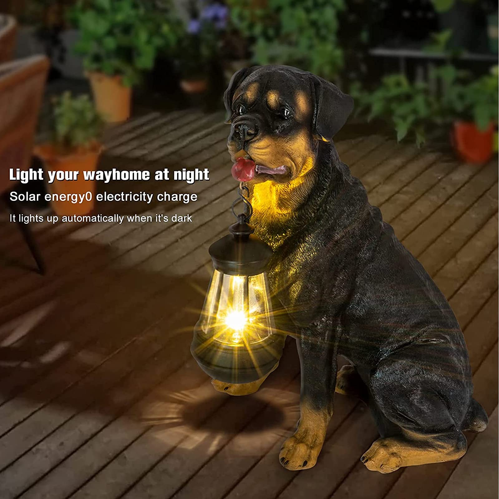Solar Powered Rottweiler Statue - Outdoor Garden Dog Ornament with Detachable LED Solar Lights Lantern, Weatherproof Resin Decor for Patio, Lawn, Yard & Backyard