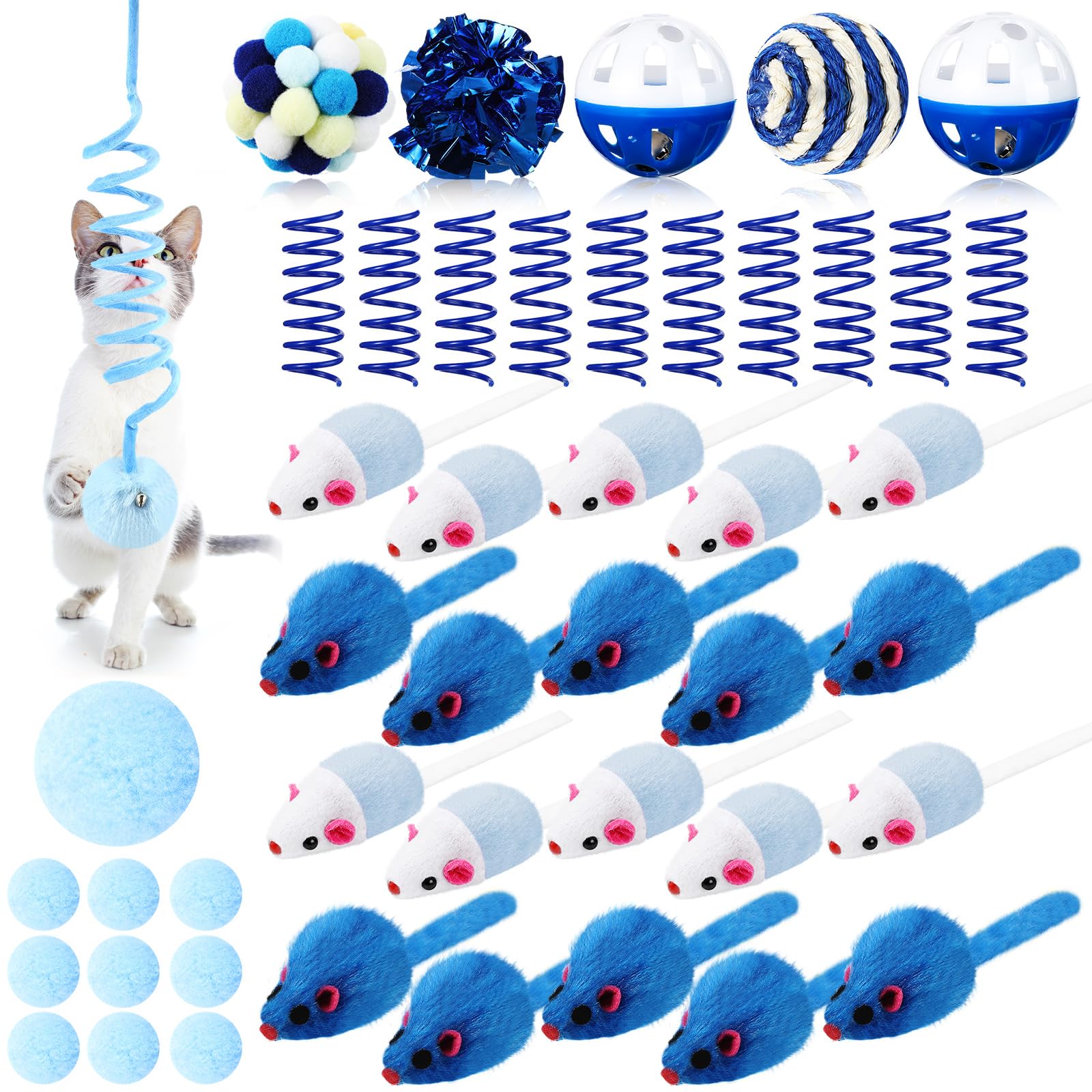 46 Pcs Cat Toys Set - Interactive Cute Cat Toys with Fur Mice, Rattle Springs, Crinkle Balls, Pompom Bell & Sisal Ball Puzzle Chase Toys for Kittens - Indoor Play & Gift Ideas (Blue) | Perfect for Boredom Relief, Exercise & Bonding with Your Feline Friend