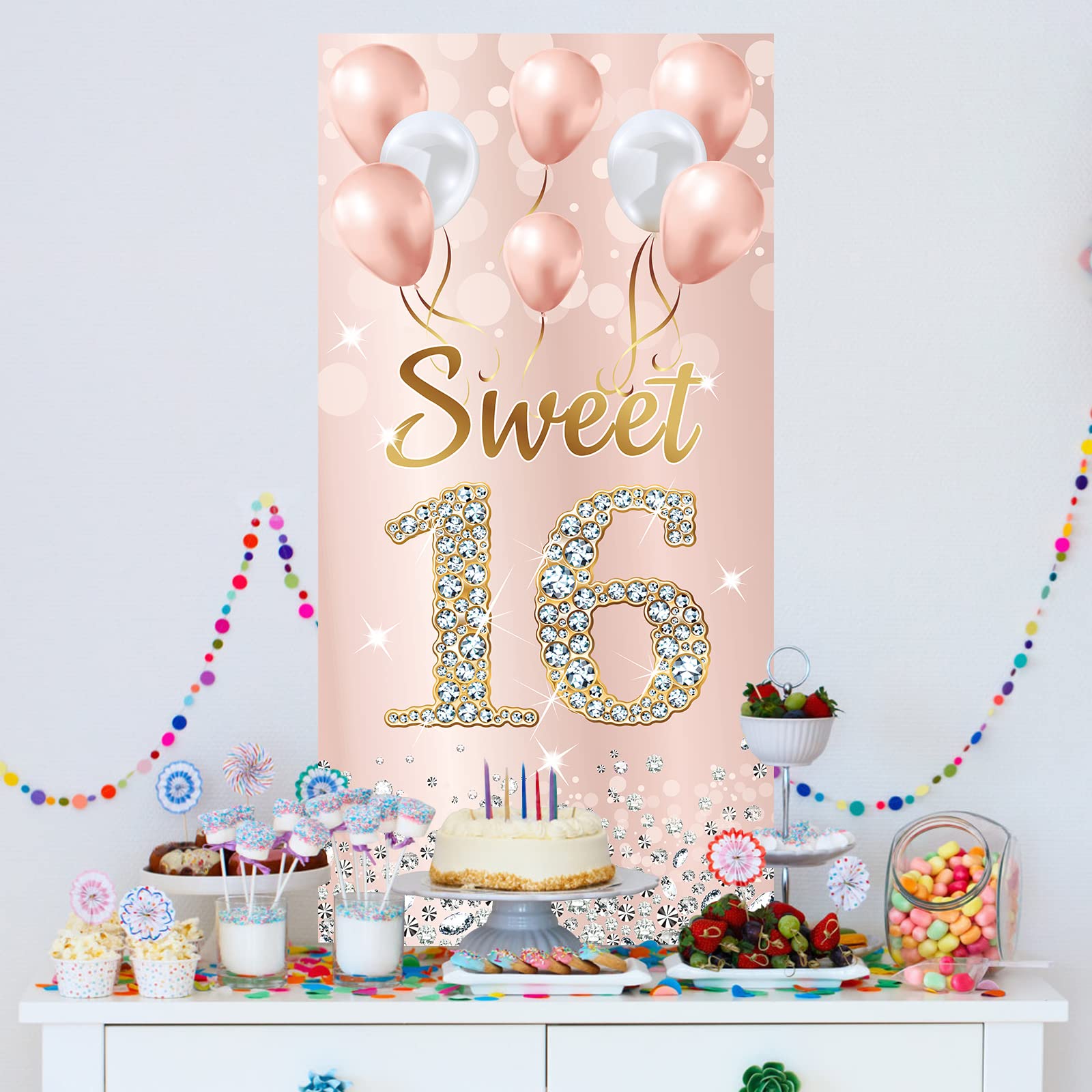 Sweet 16 Birthday Decorations for Girls - Pink Rose Gold Happy 16th Birthday Party Banner & Photo Booth Backdrop - Indoor/Outdoor Door Cover Supplies for Sweet Sixteen Celebrations, Photo Shoots & Birthday Parties